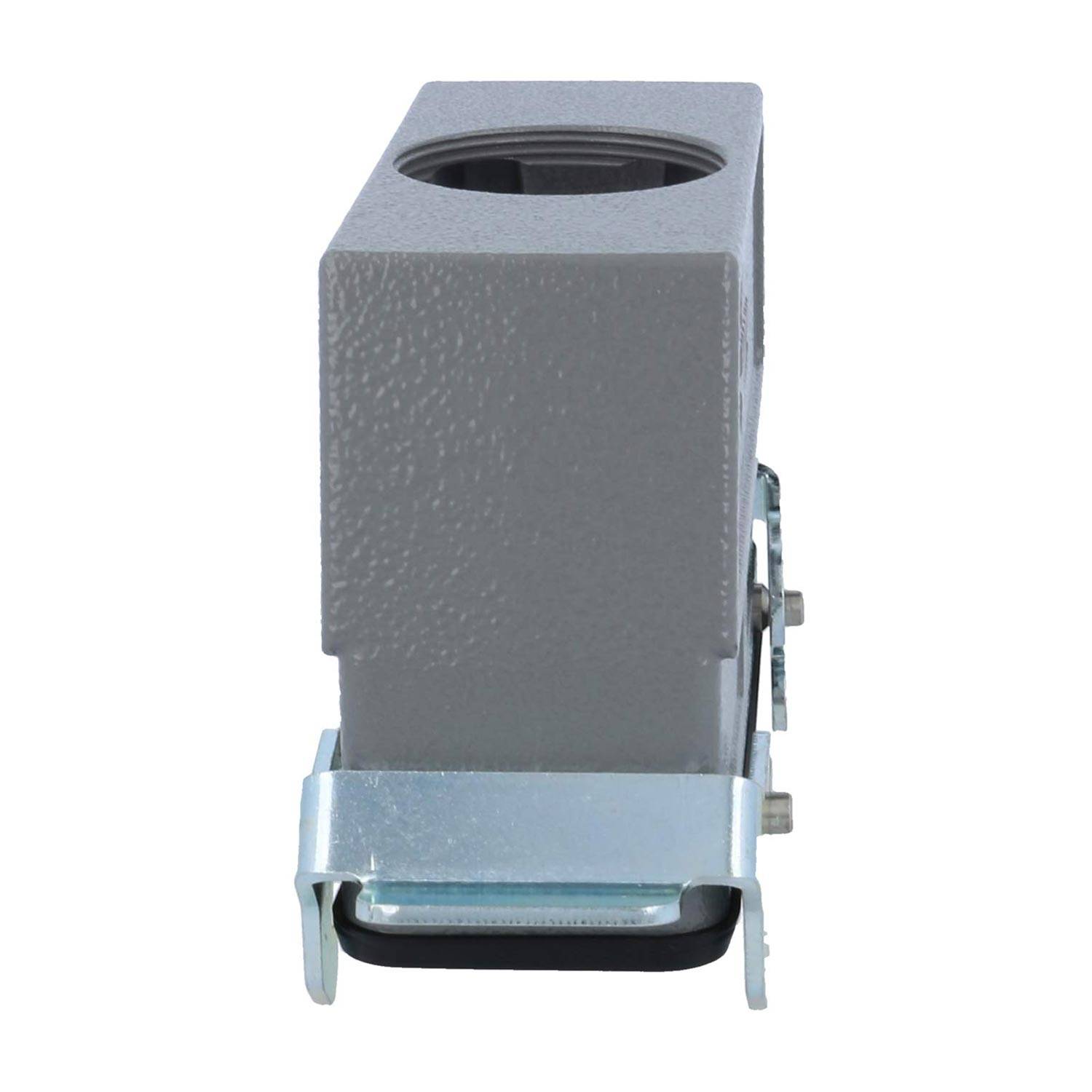 Eine graue Metallhalterung mit einer kreisförmigen Öffnung und zwei Schrauben an der Seite, die zum Befestigen oder Abstützen einer Struktur verwendet wird.