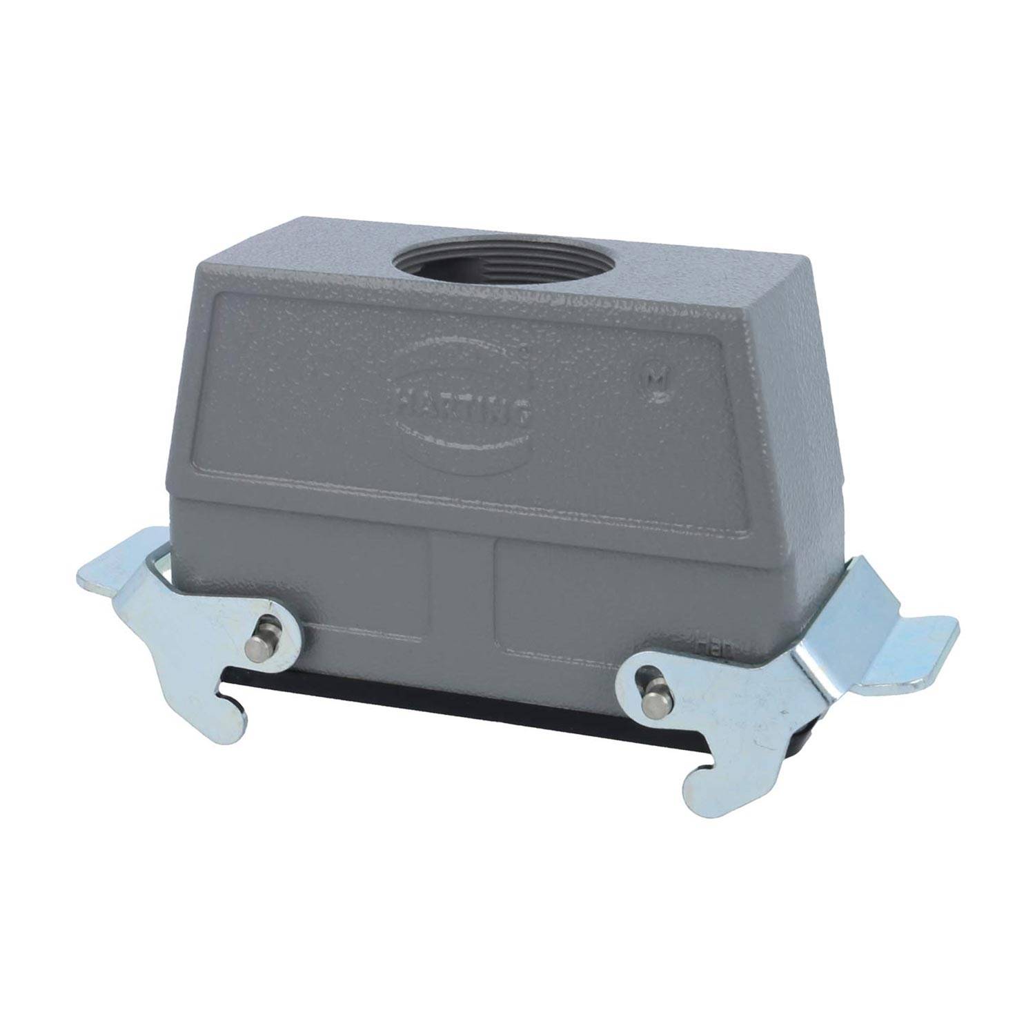 Ein metallisches rechteckiges industrielles Anschlussgehäuse mit seitlichen Hebelvorrichtungen, verwendet für sichere Verbindungen in elektrischen Installationen.