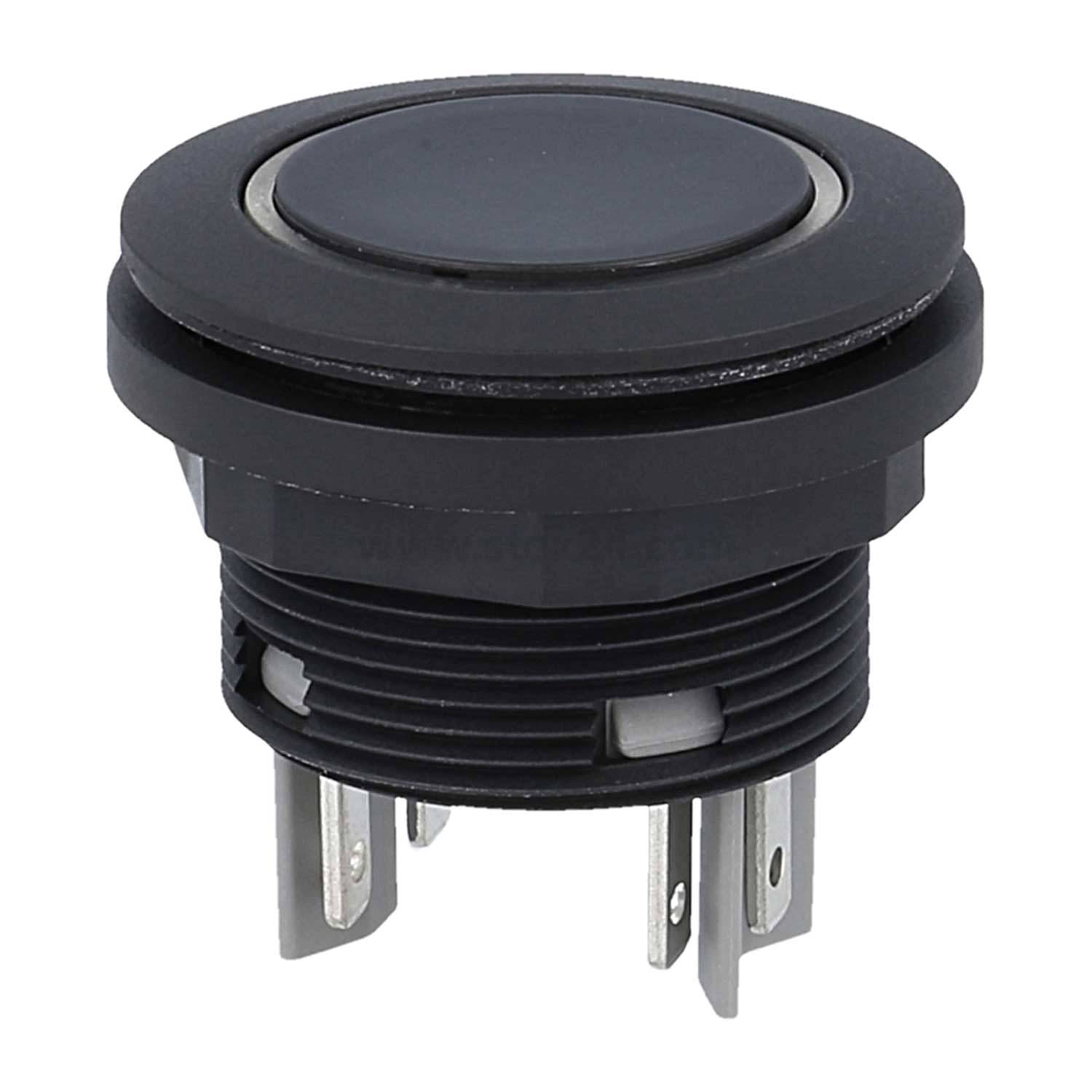 Ein runder schwarzer Drucktaster mit Metallzungen, ausgelegt für die Paneelmontage in elektronischen Geräten.
