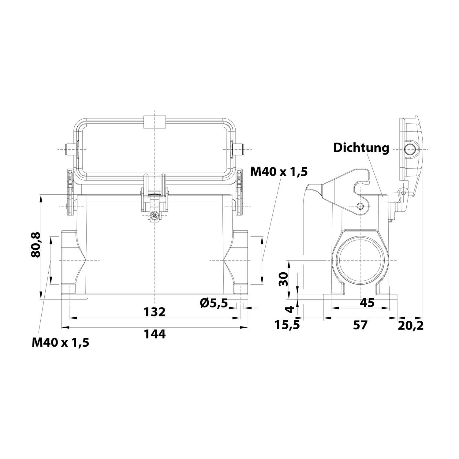Technische Zeichnung eines Klemmechanismus mit Abmessungen in Millimetern. Bezeichnete Bauteile: 'M40 x 1,5', 'Dichtung'. Zeigt wichtige Maße.