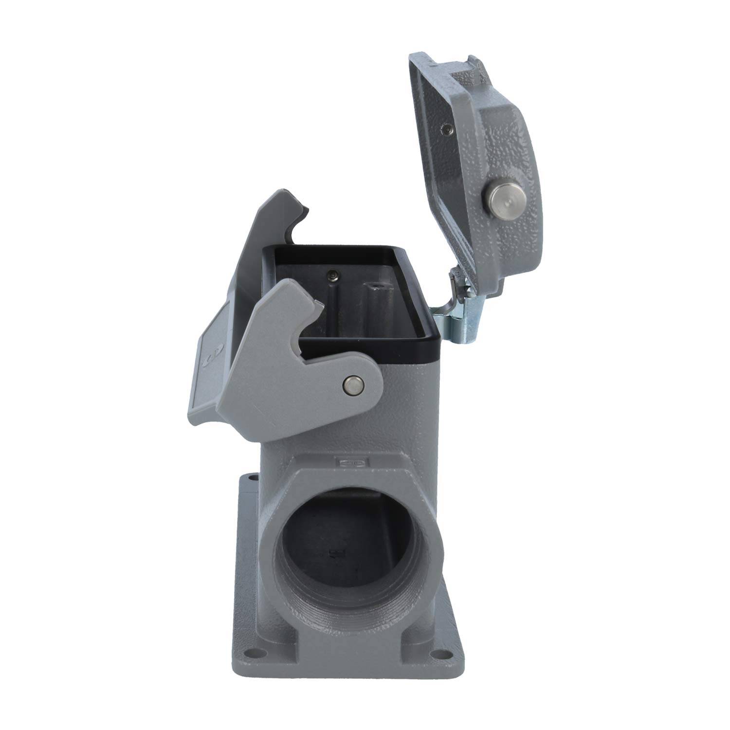 Metallisches rechteckiges elektrisches Gehäuse mit offenem Deckel und kreisförmiger Öffnung an der Vorderseite, entwickelt zum Schutz elektrischer Verbindungen.