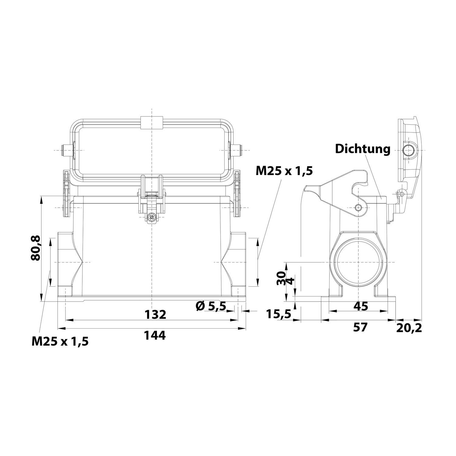 Technische Zeichnung eines zylindrischen Bauteils mit Abmessungen in Millimetern: Höhe 80,8, Breite 144, Durchmesser 45. Merkmale umfassen einen Griff und eine Dichtung.
