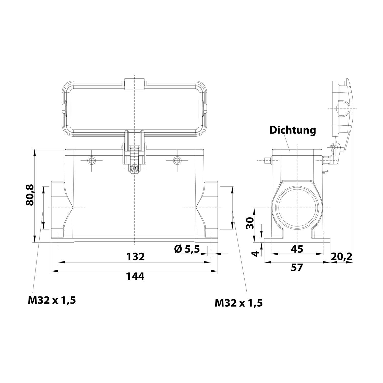 05300242263 HARTING Han 24B Sockelgehäuse hoch, 2xM32 seitlicher Kabelabgang, für 2 Bügel (am Oberteil) mit Schutzkappe