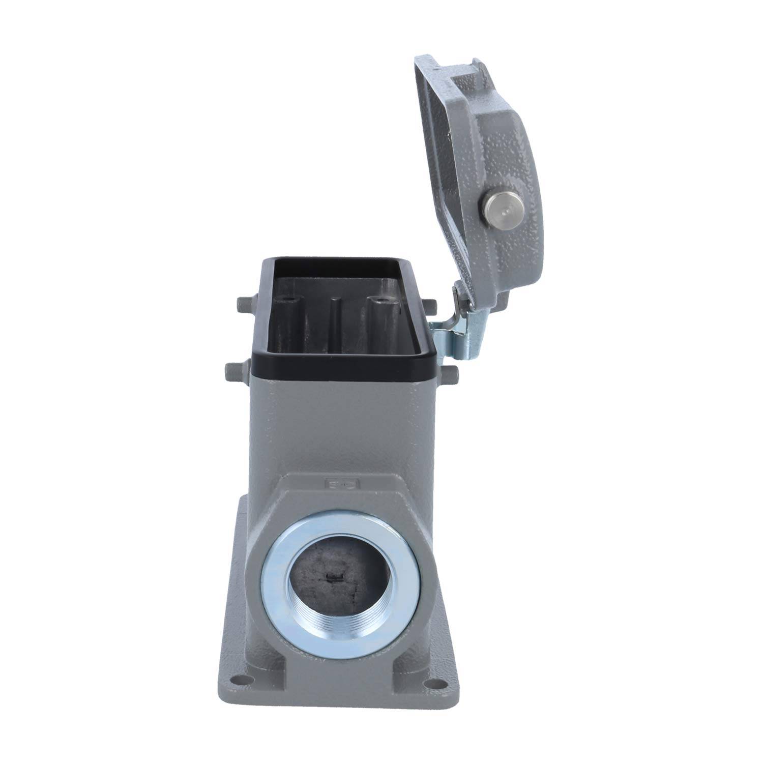 Industriesteckdose mit offener Schutzabdeckung, die Metallkontakte im Inneren zeigt, auf einer flachen Basis für sichere Installation montiert.