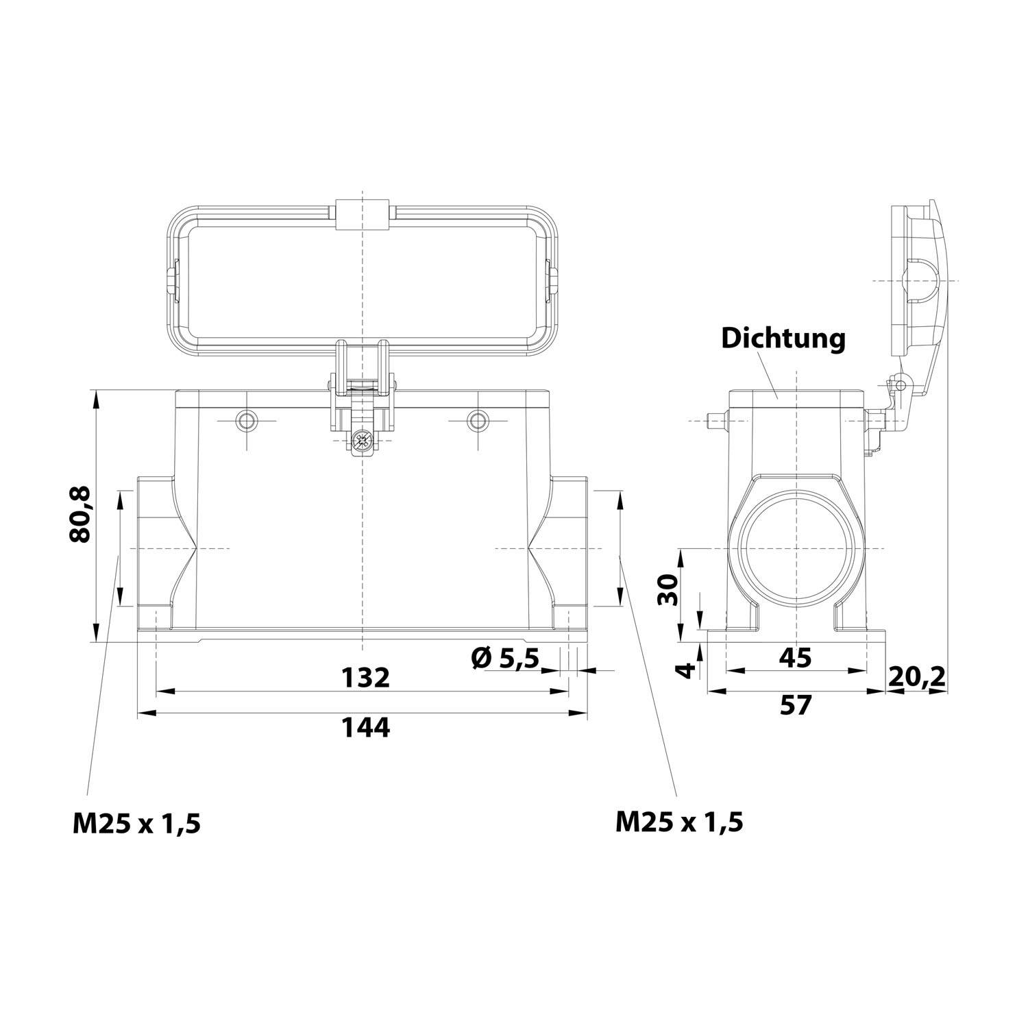Technische Zeichnung eines rechteckigen Gehäuses mit Dichtung, Maße in Millimetern. Vorder- und Seitenansicht zeigen Details und Messungen.
