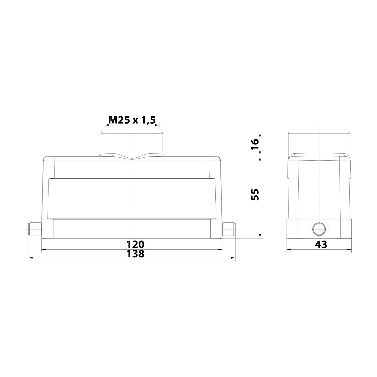 Technische Zeichnung eines Geräts mit Abmessungen: Breite 138 mm, Höhe 55 mm, Tiefe 43 mm. Obere Anschluss gekennzeichnet mit M25 x 1,5.