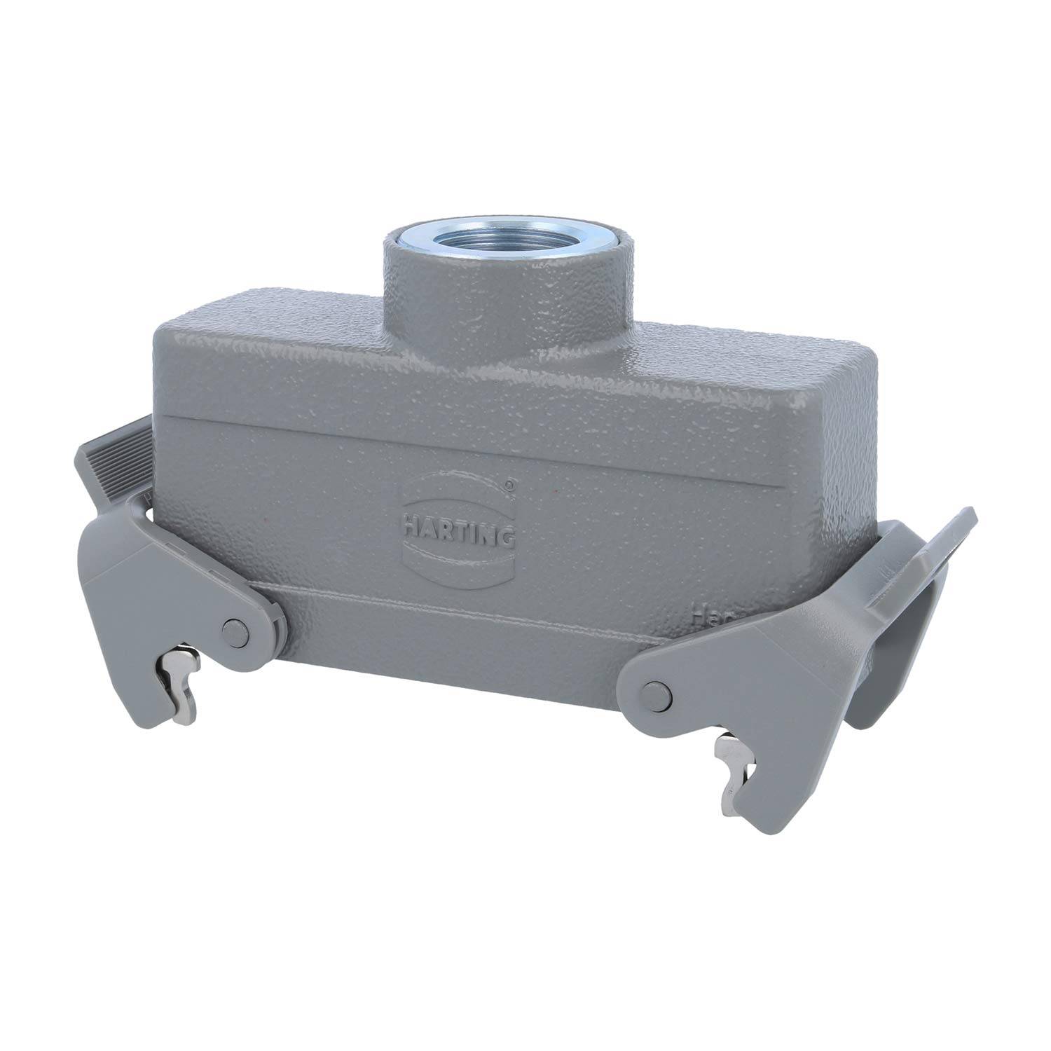 Ein graues Harting-Industriesteckverbindergehäuse mit Klammern an jeder Seite, konzipiert für sichere elektrische Verbindungen.