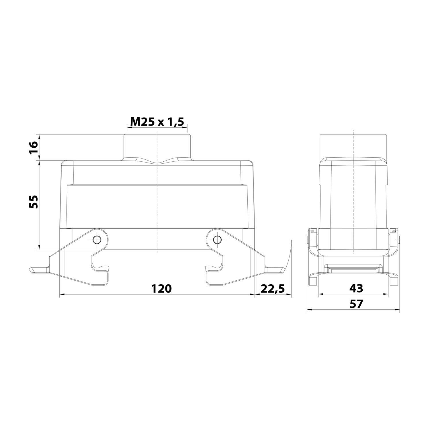 Technische Zeichnung einer Komponente mit beschrifteten Abmessungen: Höhe 55, Breite 120, Tiefe 43. Öffnung oben gekennzeichnet mit M25 x 1,5.