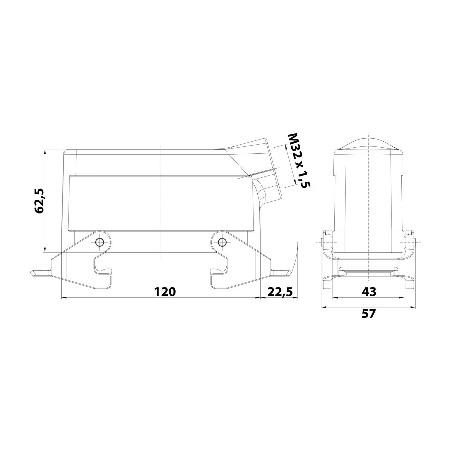 Technische Zeichnung einer Komponente mit Abmessungen: Länge 120, Breite 57, Höhe 62,5. Zeigt M32x1,5 Gewindebohrung und zusätzliche Maßangaben.