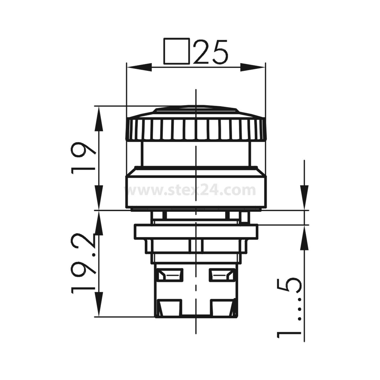Technische Zeichnung eines Tasterschalters mit Maßen: 25 mm Außendurchmesser, 19 mm Höhe und Basishöhe von 19,2 mm. Zeigt Größendetails.