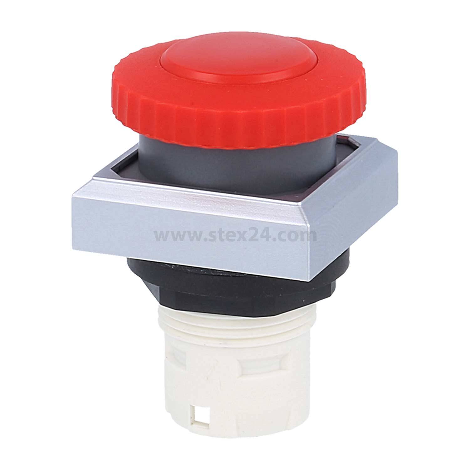 Ein roter Not-Aus-Knopf, der in einem quadratischen silbernen Rahmen untergebracht ist und zur Sicherung von Maschinen und Geräten verwendet wird.