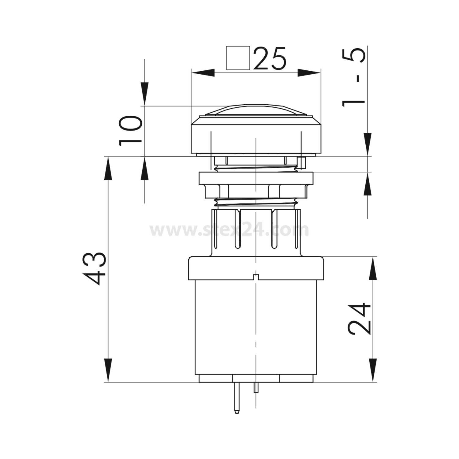 Technische Zeichnung eines runden Druckknopfschalters mit Abmessungen: Breite 25 mm, Höhe 43 mm, Tastenhöhe 10 mm, Basishöhe 24 mm.