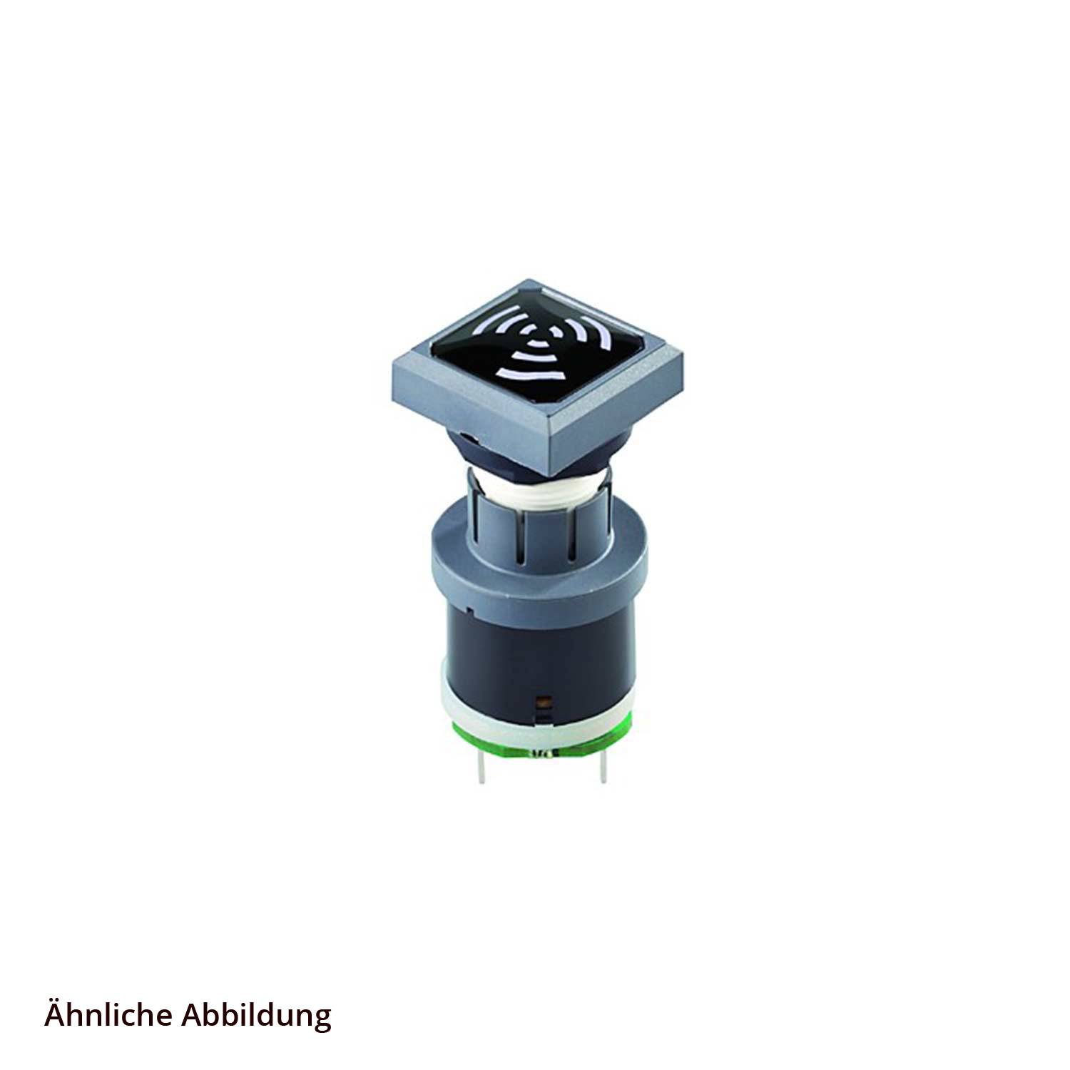 Bild eines grauen und schwarzen elektronischen Bauteils mit einem quadratischen, belüfteten Deckel und kreisförmiger Basis, ähnlich einer Sensor- oder Schaltkomponente.