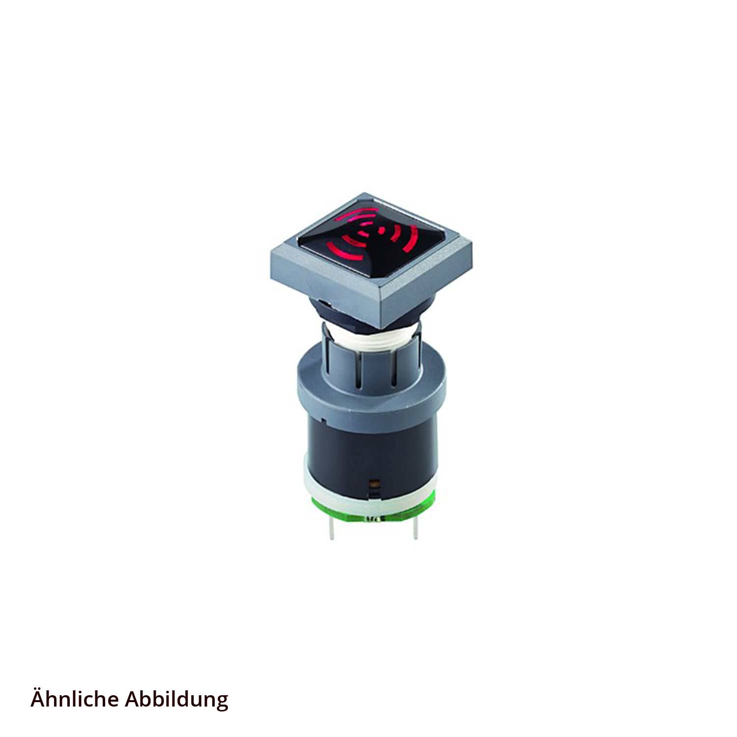 Eine quadratische, hinterleuchtete Drucktaste mit einem rot und grauen Design, wahrscheinlich für den Einsatz an Maschinen oder industrieller Ausrüstung verwendet.