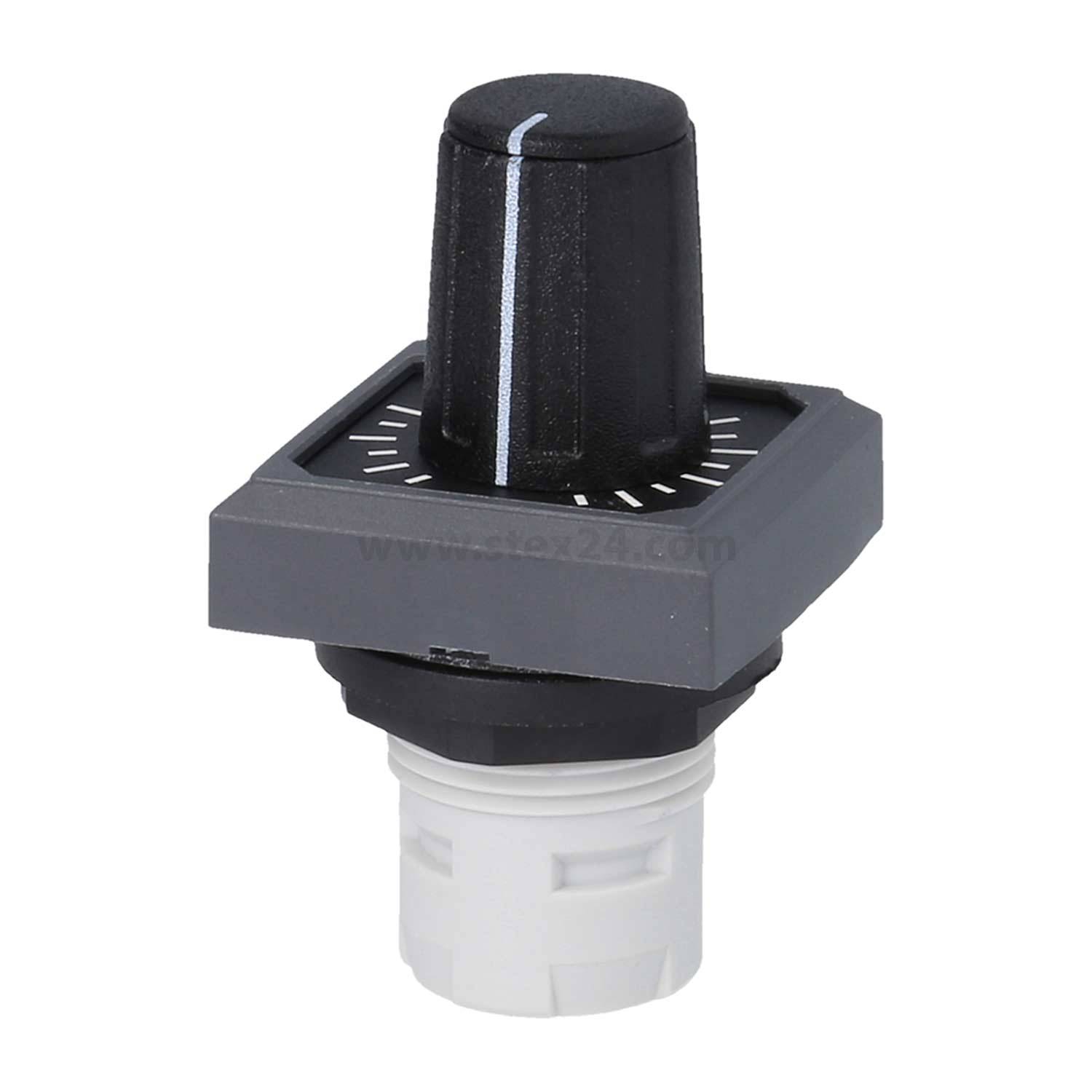 Schwarzer Drehschalter mit grauer quadratischer Basis und weißem zylindrischen Anschluss, verwendet zur Steuerung elektrischer Geräte.