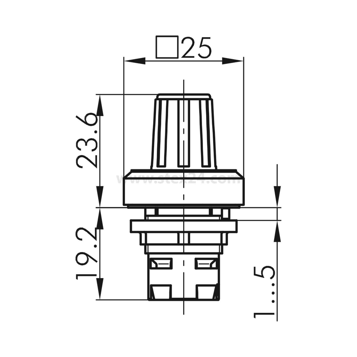Technische Zeichnung eines Drehschalterknopfes mit Abmessungen: 25 mm Durchmesser, 23,6 mm Höhe, 19,2 mm bis 1,5 mm Maßstab.