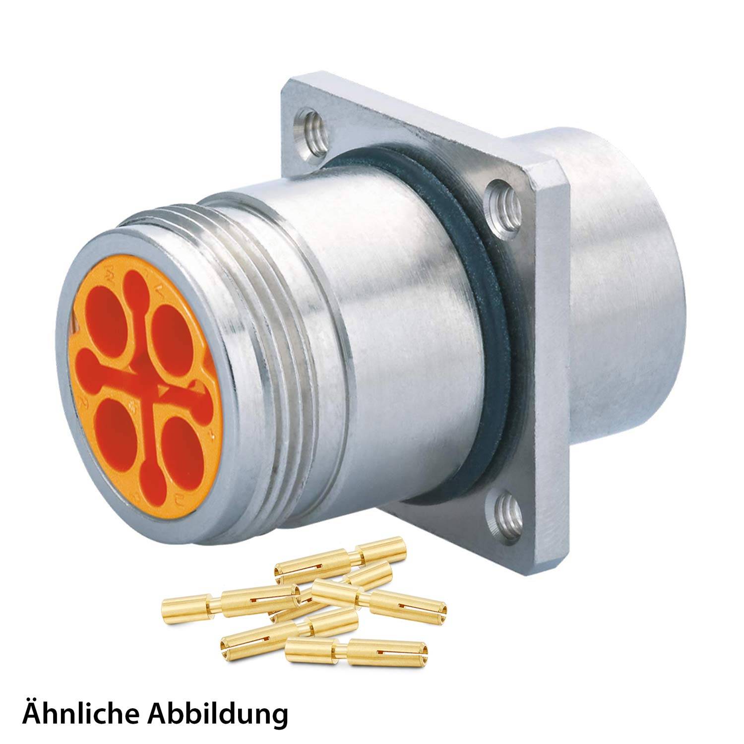 Ein kreisförmiger Metallverbinder mit vier orangefarbenen Anschlüssen und goldenen Stiften darunter, was darauf hindeutet, dass er Teil einer elektronischen oder mechanischen Komponente ist.