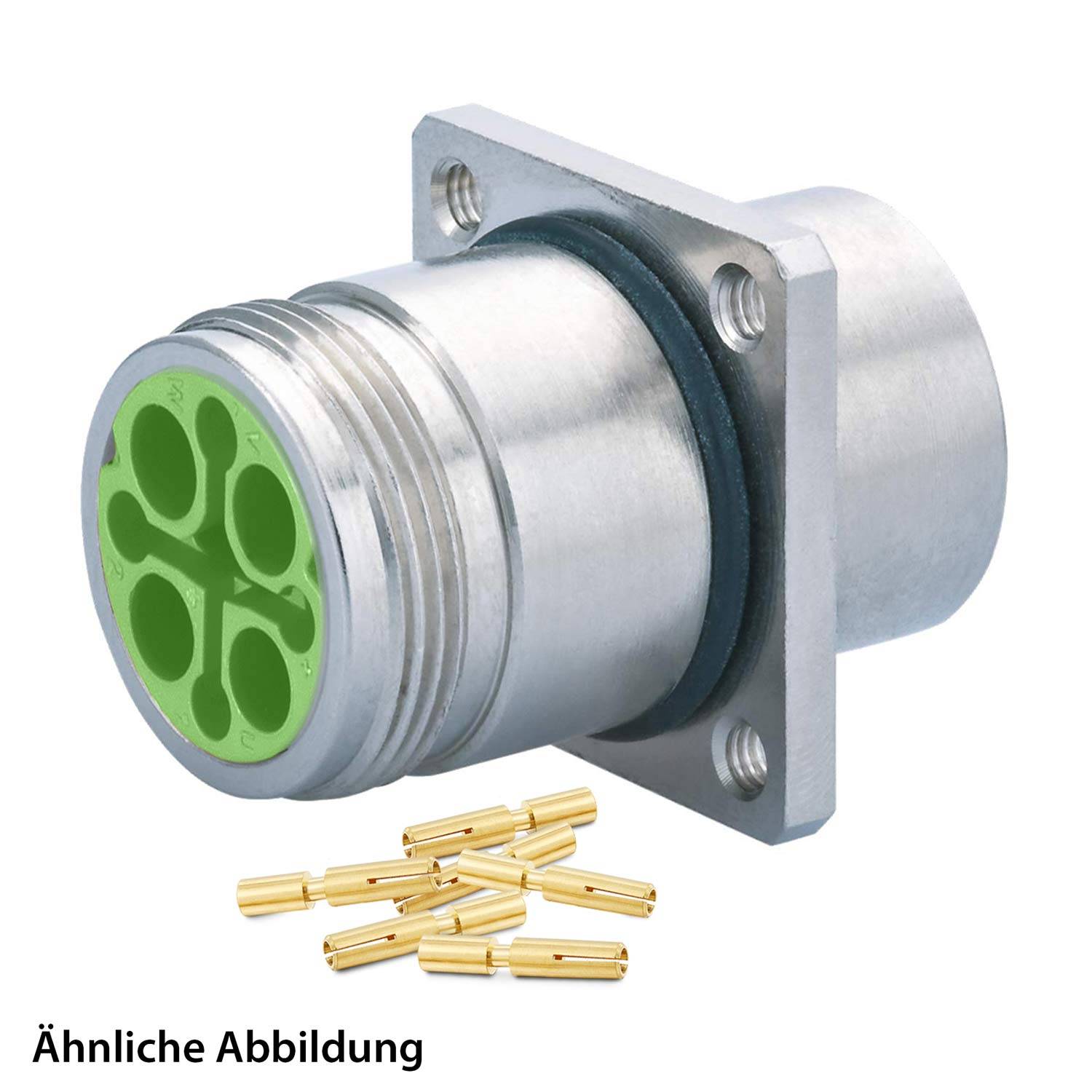 Ein ähnliches Bild ist unten zu sehen, das einen metallischen zylindrischen Anschluss mit einer grünen Oberfläche und mehreren Schlitzen sowie goldenen Pins zeigt.