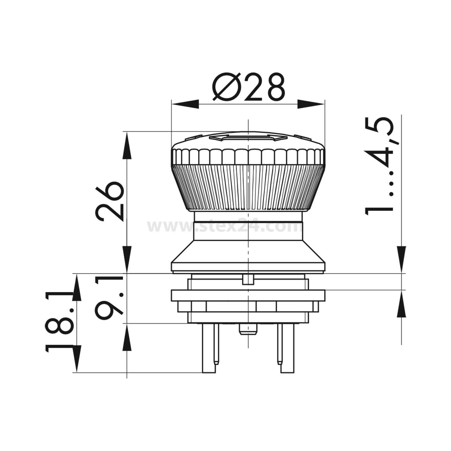 Technische Zeichnung eines Schalters mit Abmessungen: Durchmesser 28 mm, Höhe 26 mm, Pinabstand 9,1 mm, Gesamthöhe 1 bis 4,5 mm.
