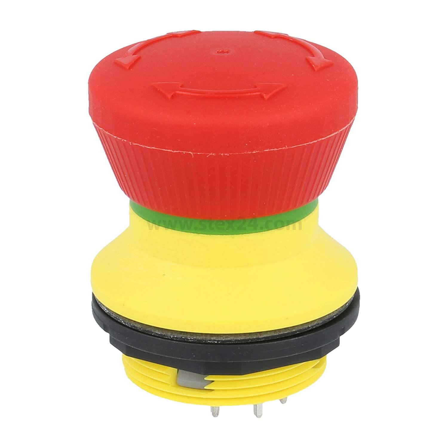 Ein roter Not-Aus-Knopf mit einer gelben Basis und einem grünen Ring, der zur Sicherheit an Maschinen verwendet wird, um Betriebsabläufe bei Betätigung sofort zu stoppen.