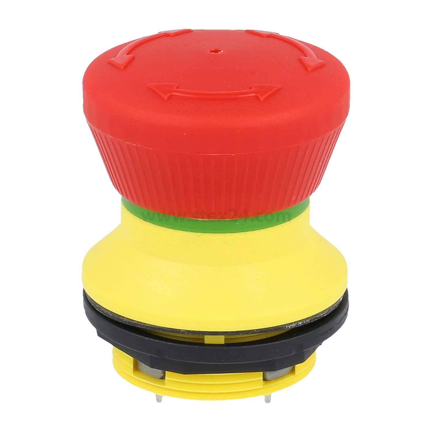 Not-Aus-Taste mit rotem Kopf, gelber Basis und schwarzem Rand, die verwendet wird, um Maschinen zur Sicherheit schnell zum Stillstand zu bringen.