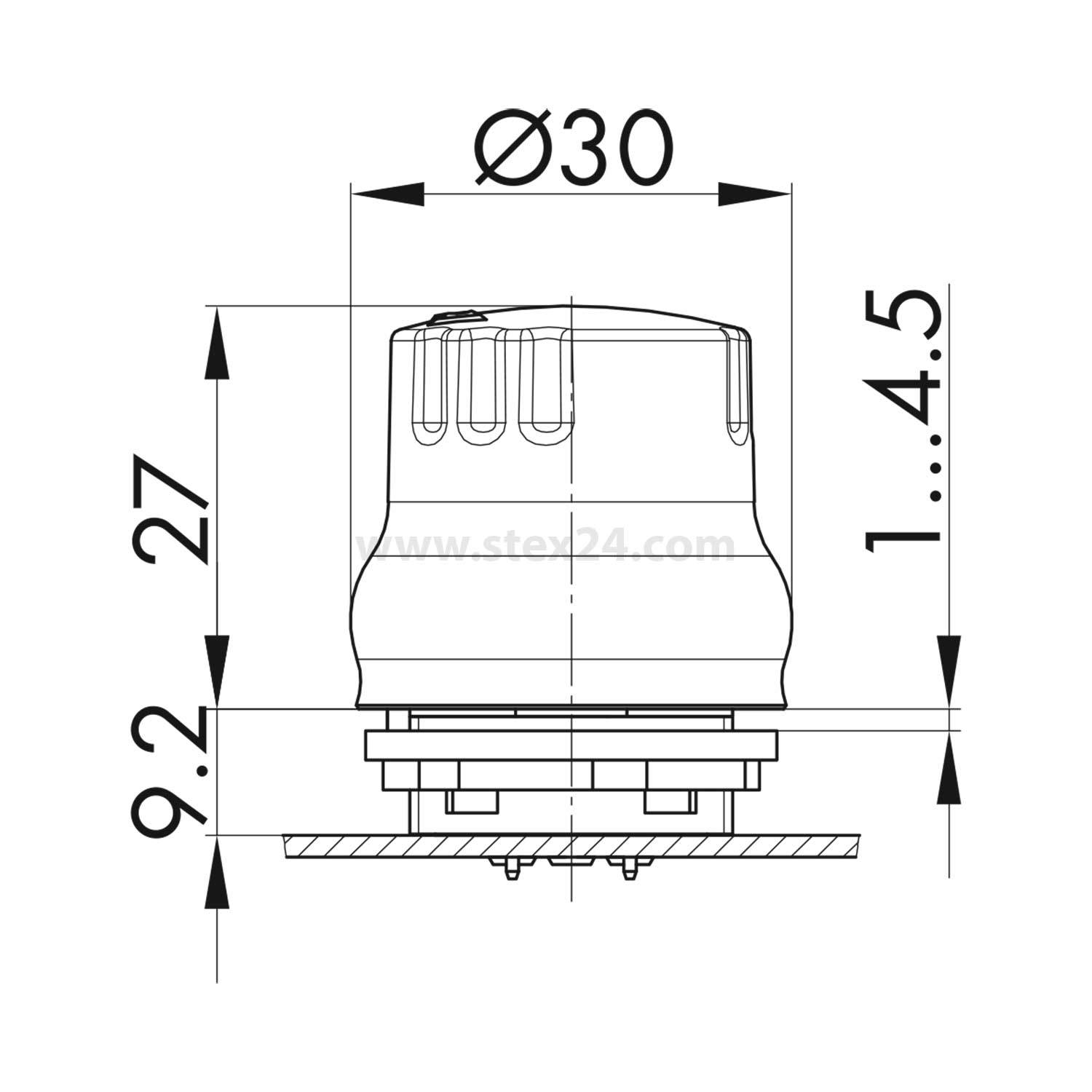 Technische Zeichnung einer zylindrischen Komponente mit einem Durchmesser von 30 mm, Höhenmarkierungen von 27 mm und einer Verbindungstiefe von 9,2 mm.