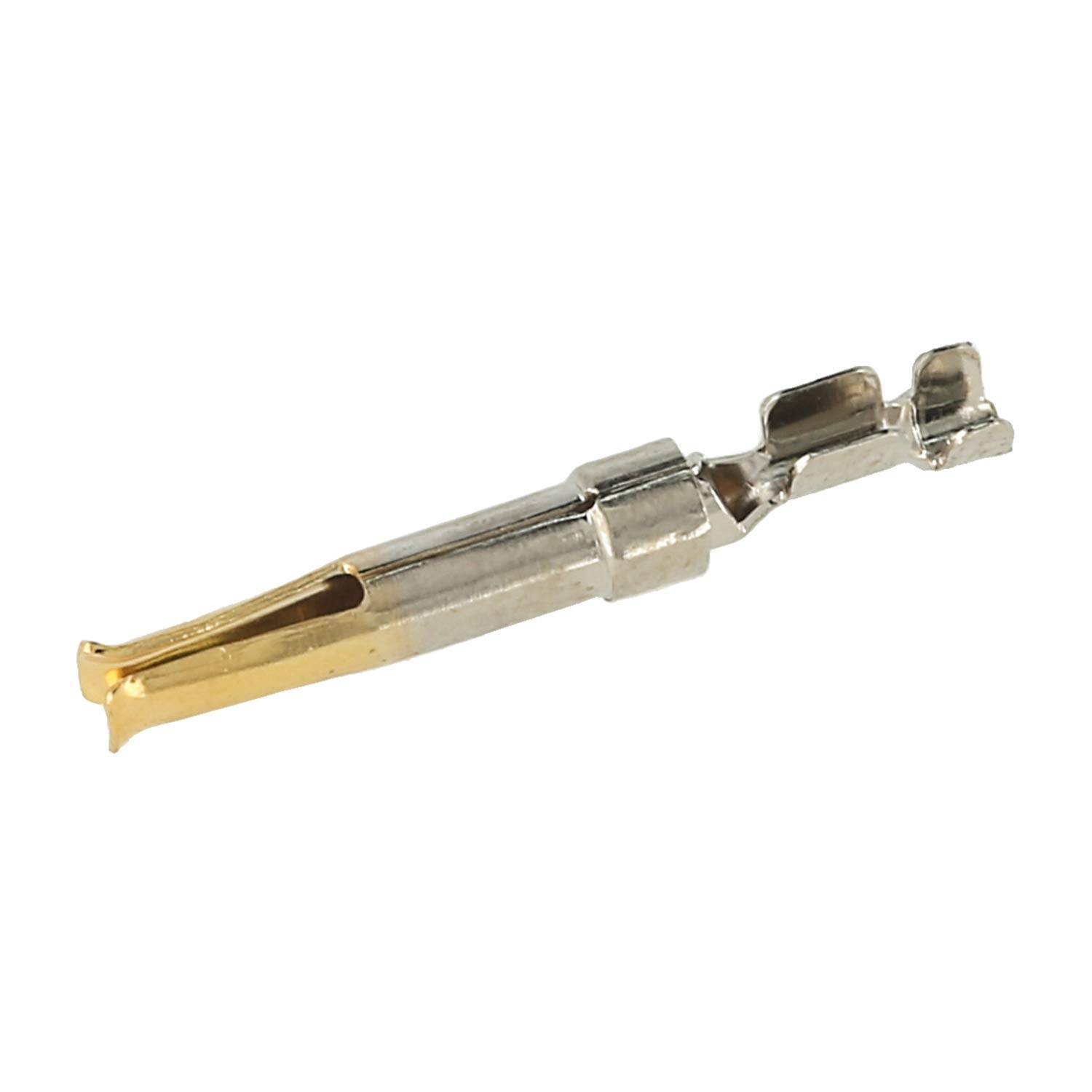 Metallischer elektrischer Steckverbinder mit goldener Spitze und silbernem Gehäuse, entwickelt für sichere Verbindungen in der Elektronik.