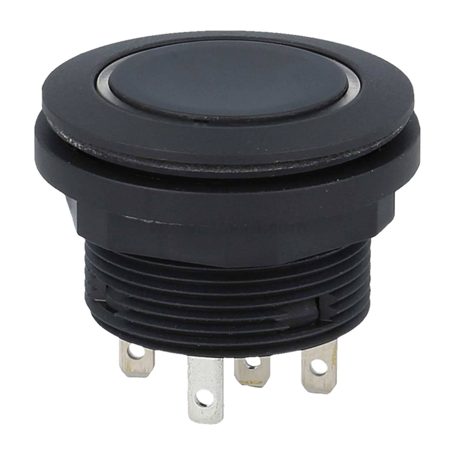 Ein runder schwarzer Drucktaster mit einer flachen Oberfläche und mehreren Metallkontakten darunter, wahrscheinlich für elektronische Anwendungen verwendet.