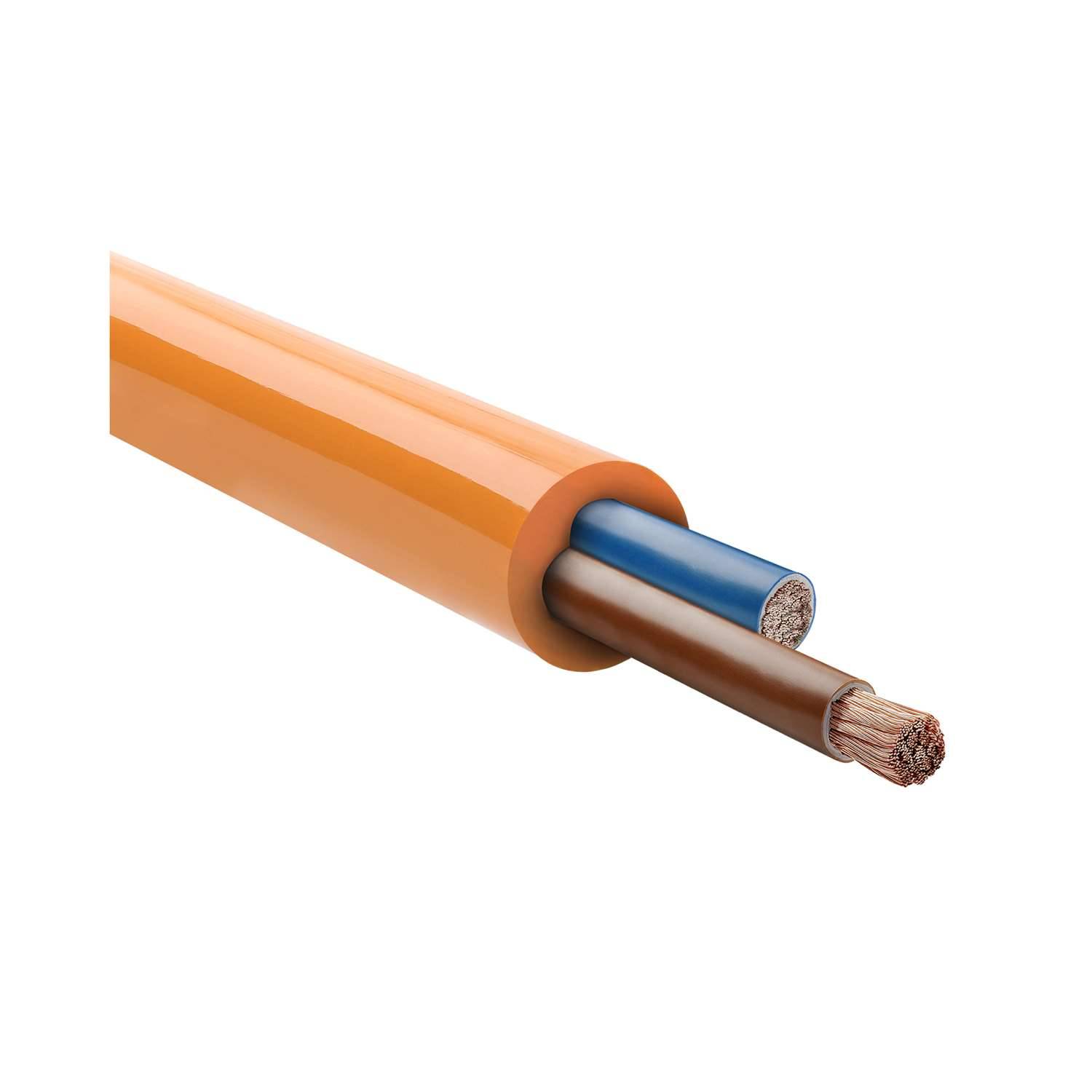 Querschnitt eines Elektrokabels mit oranger Außenschicht und zwei inneren Drähten, einem blauen und einem braunen, zur Stromleitung.