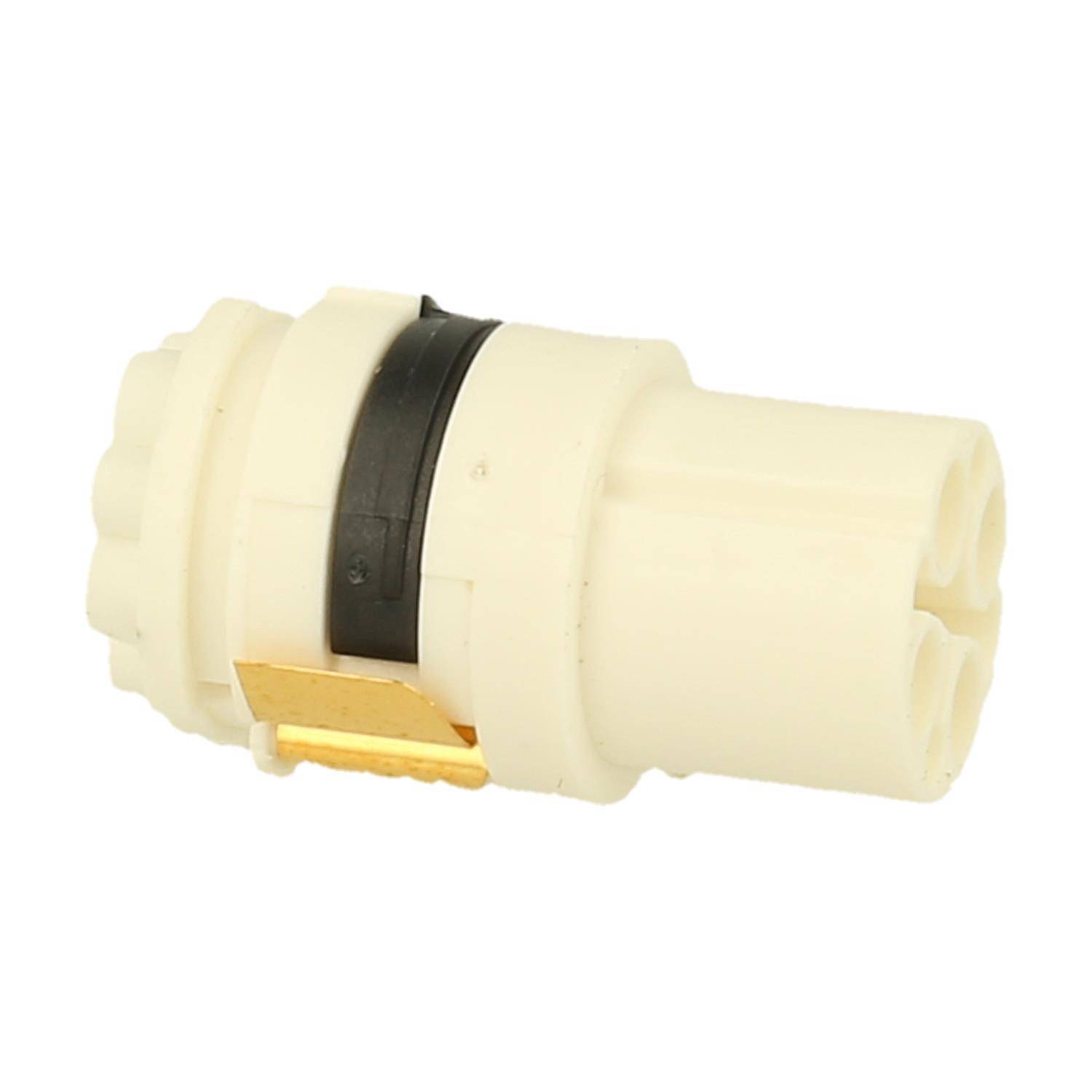 Ein weißer zylindrischer Stecker mit gold- und schwarzen Akzenten, konzipiert für elektrische Verbindungen. Er verfügt über mehrere Buchsen zur Drahteinführung.