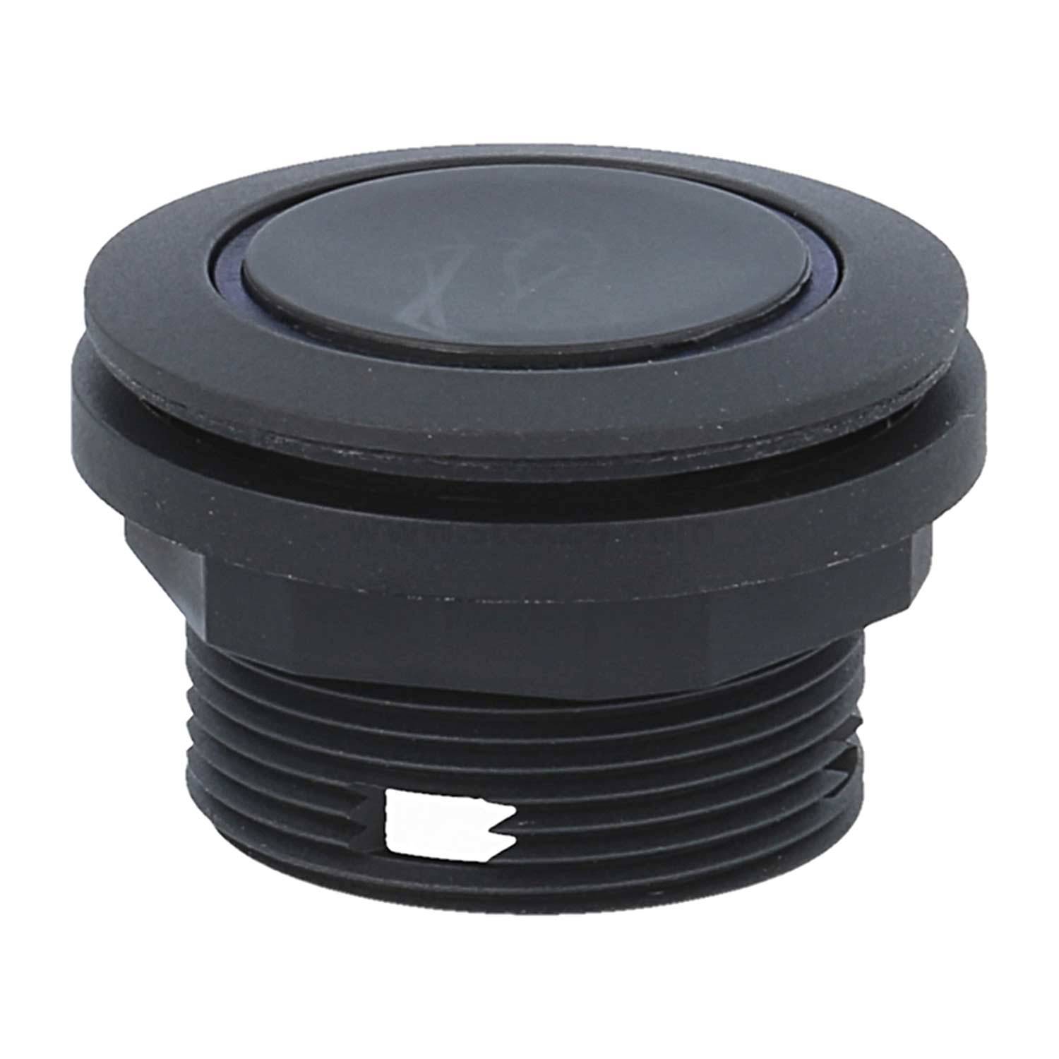 Ein schwarzer, kreisförmiger Drucktaster mit Gewindekörper, geeignet für Einbau in eine Frontplatte.