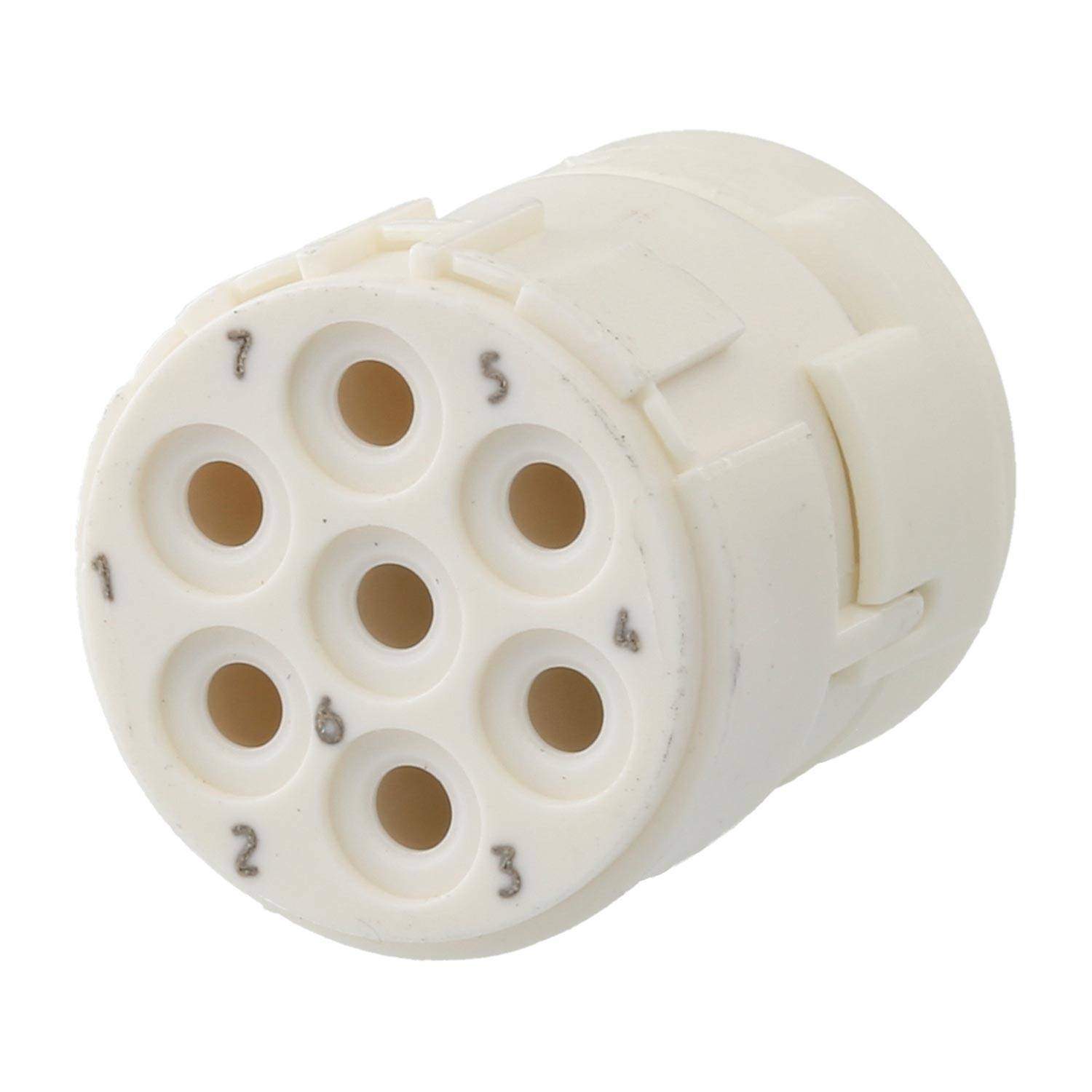 Ein weißer zylindrischer Anschluss mit neun kreisrunden Buchsen, die um den Rand von 1 bis 7 nummeriert sind und 8 in der Mitte.