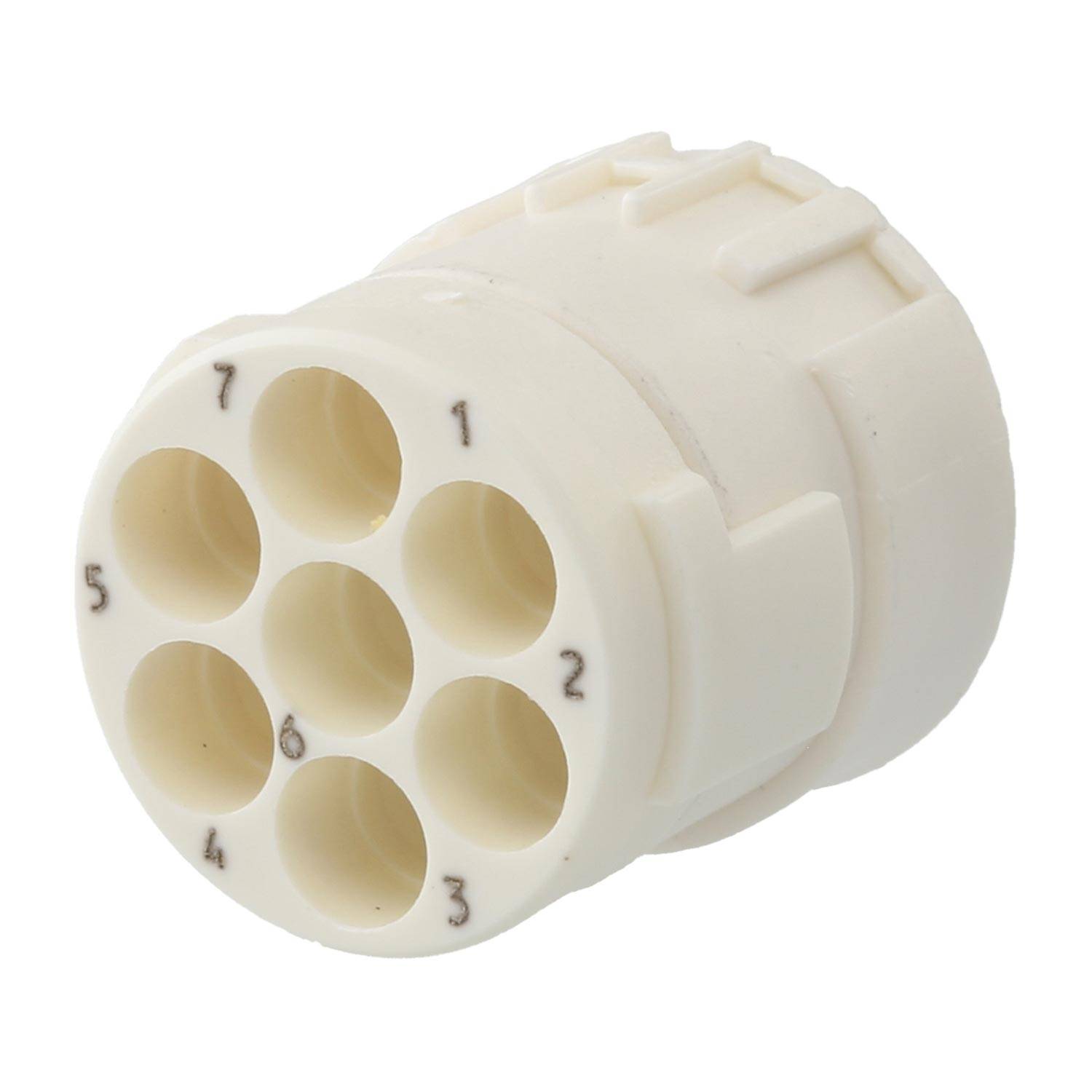 Ein weißer, zylindrischer 7-polig Steckverbinder mit nummerierten Anschlüssen von 1 bis 7 in kreisförmiger Anordnung, der für elektrische Verbindungen verwendet wird.