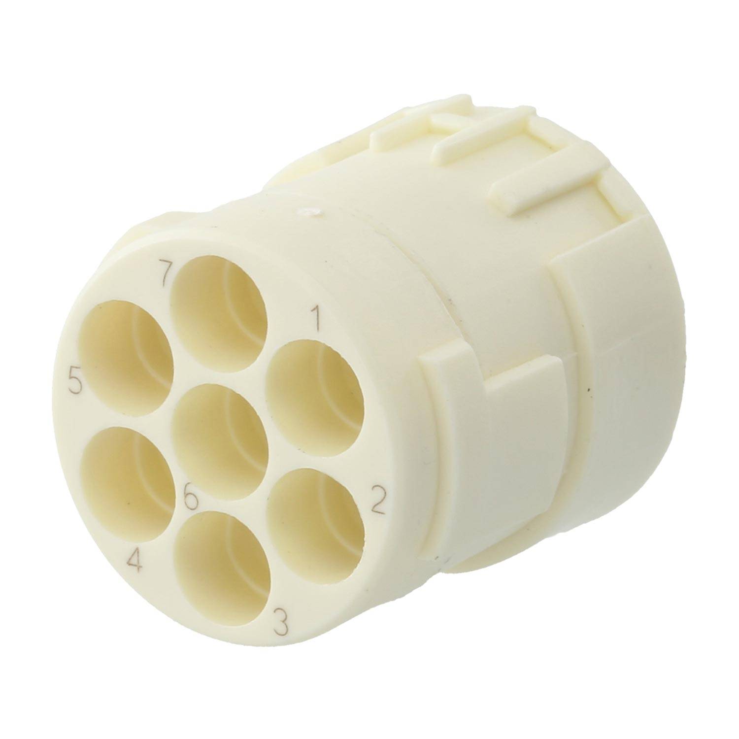 Ein weißer Neun-Pin-Elektrostecker mit beschrifteten Anschlüssen, nummeriert von 1 bis 7, verwendet für Verkabelung und Schaltungsverbindungen.