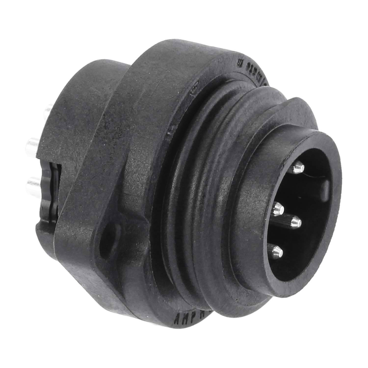 Ein schwarzer runder elektrischer Steckverbinder mit mehreren kleinen Pins, der zur Ausrichtung und sicheren Verbindung elektronischer Komponenten entwickelt wurde.