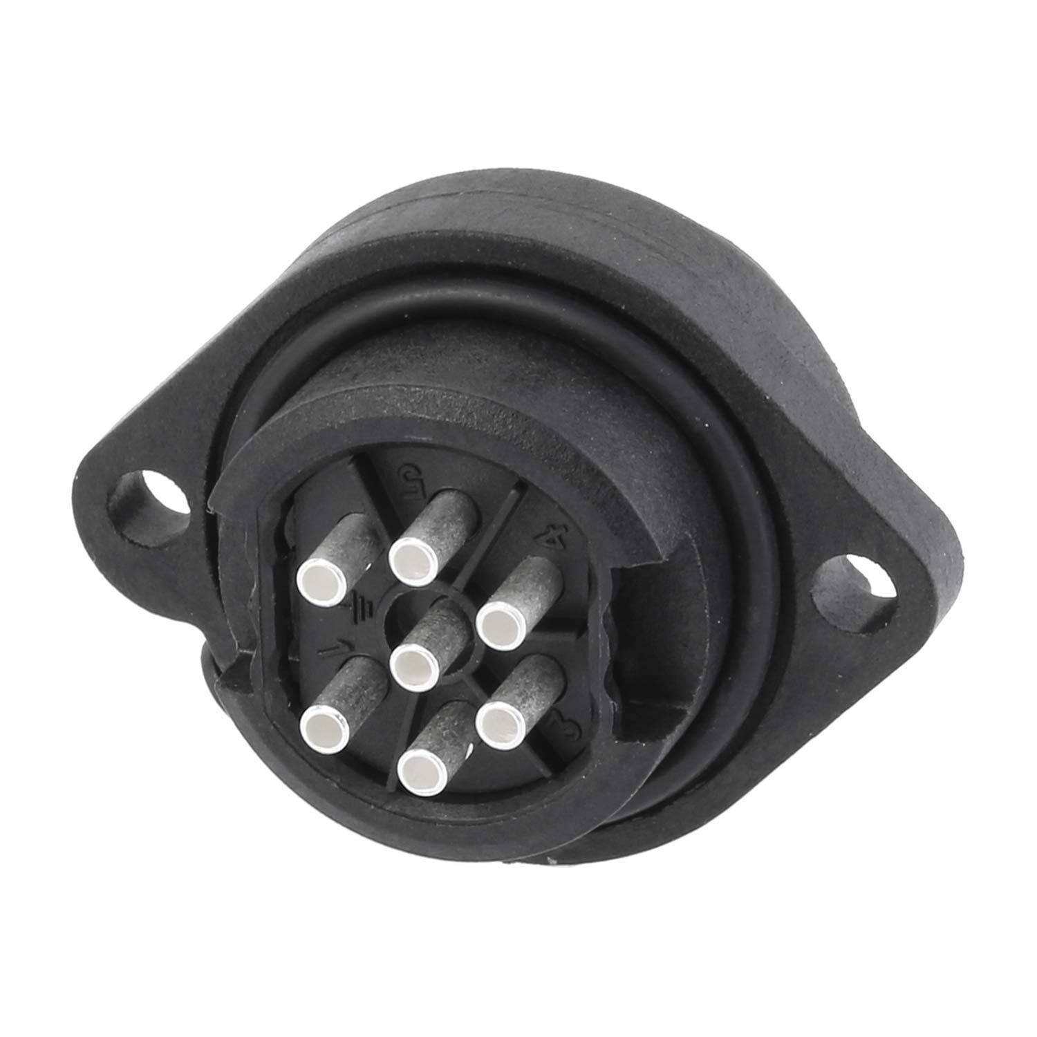 Sechspoliger Rundsteckverbinder mit schwarzem Gehäuse, entwickelt für eine sichere Kabelanbindung, geeignet für industrielle Anwendungen.