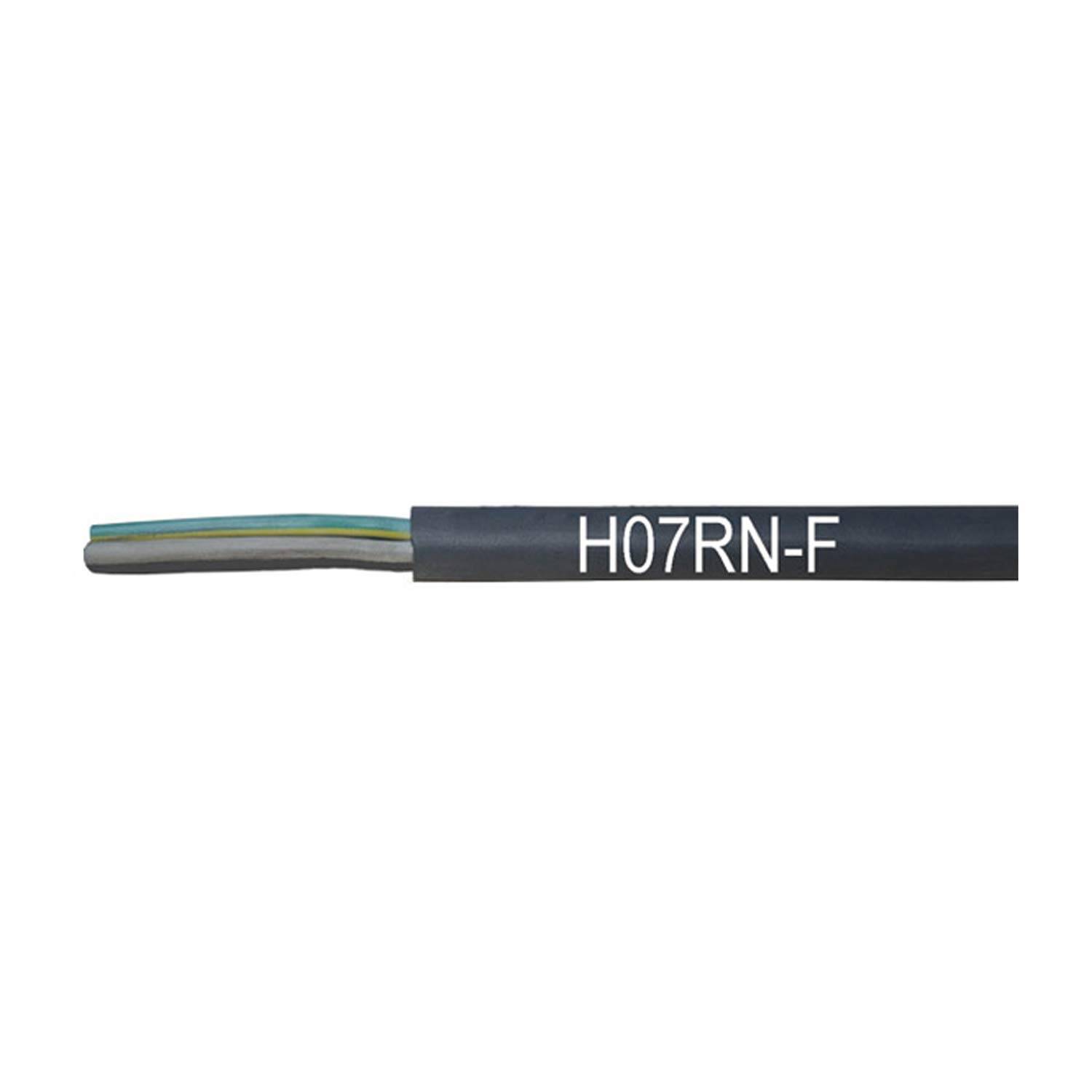 Ein schwarzes flexibles elektrisches Kabel mit der Bezeichnung 'H07RN-F', an dessen Ende die Innenleiter sichtbar sind.