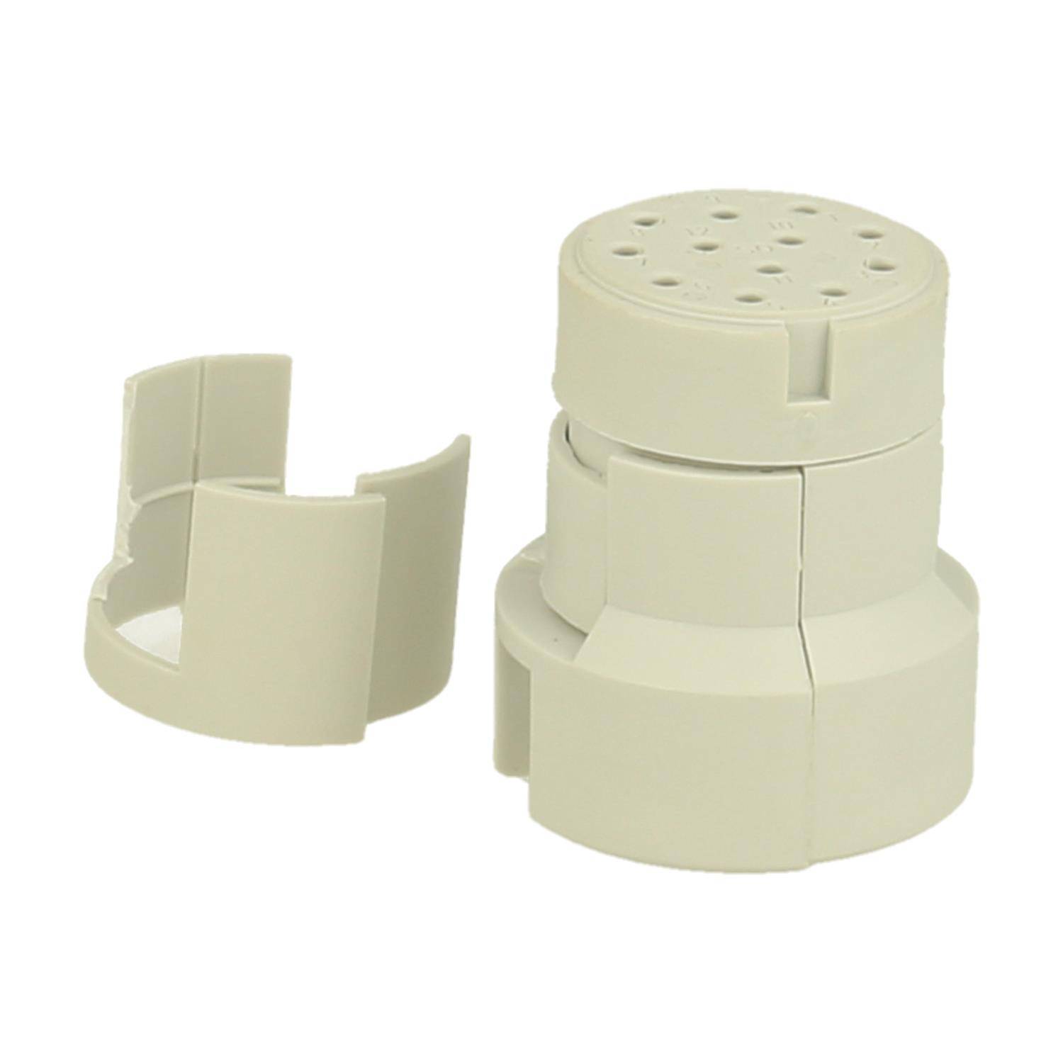 Ein beiger, stapelbarer Kabelhalter aus Kunststoff mit herausnehmbarem Abschnitt, der entwickelt wurde, um Kabel oder Drähte ordentlich zu halten und zu organisieren.