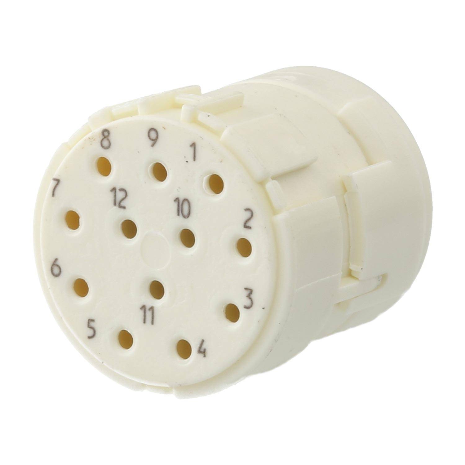 Eine kleine, kreisförmige, weiße elektronische Komponente mit nummerierten Löchern an ihrem Rand, die zum Verbinden oder Ausrichten von Pins in einem Gerät verwendet wird.