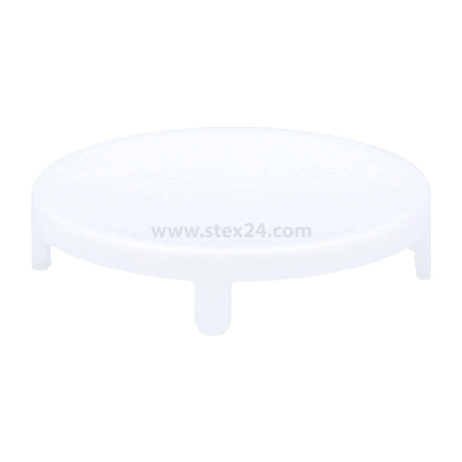 Eine weiße, runde Plastikkappe mit drei kleinen hervorstehenden Beinen, aus der Draufsicht betrachtet. Die Kappe ist schlicht und einfach gestaltet.