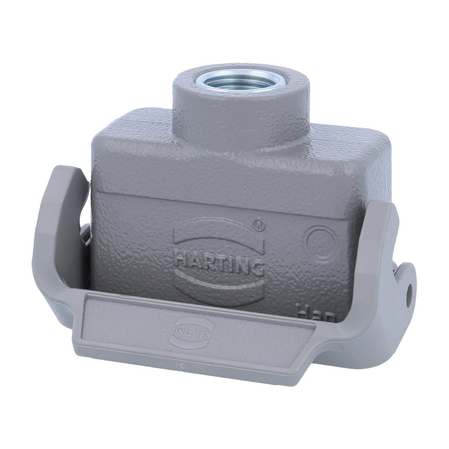 Das Bild zeigt ein graues, rechteckiges Harting-Gehäuse für Industriesteckverbinder mit seitlichen Verriegelungen, das für industrielle elektrische Verbindungen konzipiert ist.