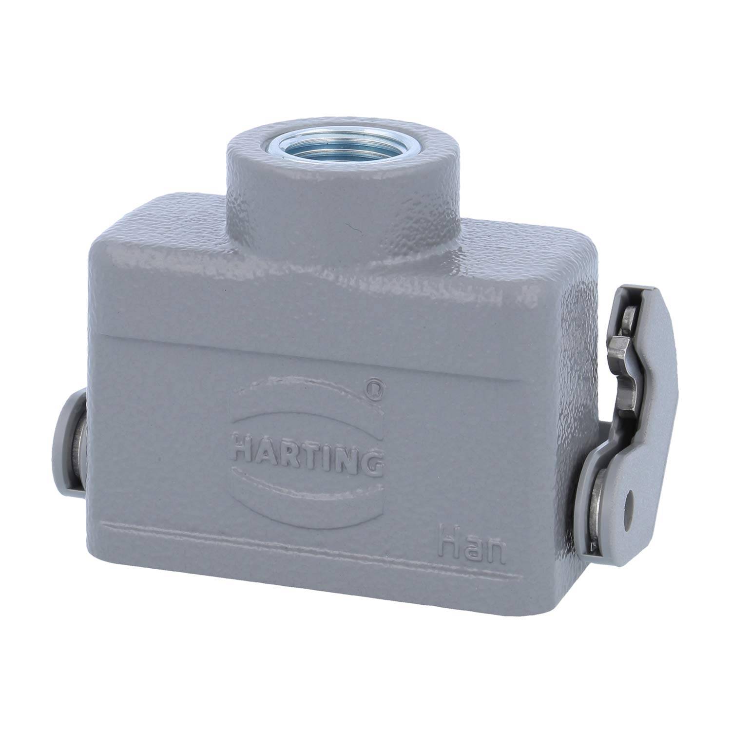 Ein graues industrielles Elektroverbinder-Gehäuse mit Deckeleingang und metallischen Seitenverschlüssen, beschriftet mit 'HARTING Han'.