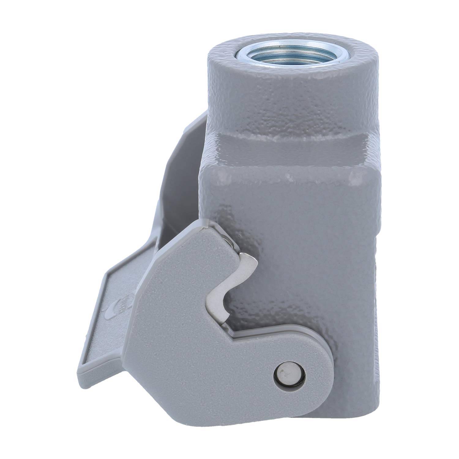 Ein grau-industrielles Anschlussgehäuse mit einem Hebelmechanismus und einer Gewindebohrung an der Oberseite, das für eine sichere Kabelanbindung konzipiert ist.