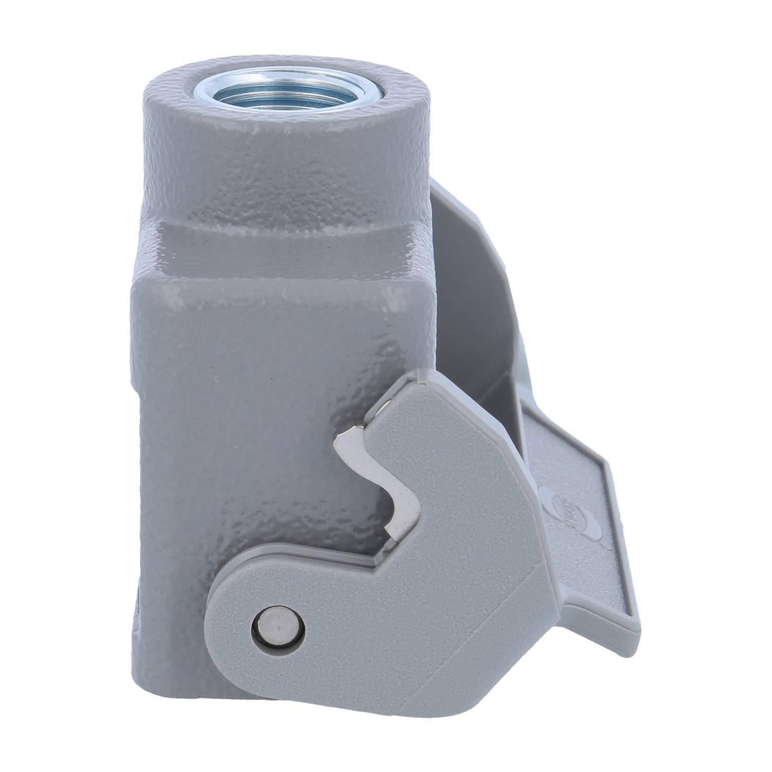 Eine graue mechanische Komponente mit einem Gelenkhebel und einer verschraubten Öffnung an der Oberseite, möglicherweise ein Verbinder oder eine Klemme, isoliert auf weißem Hintergrund.