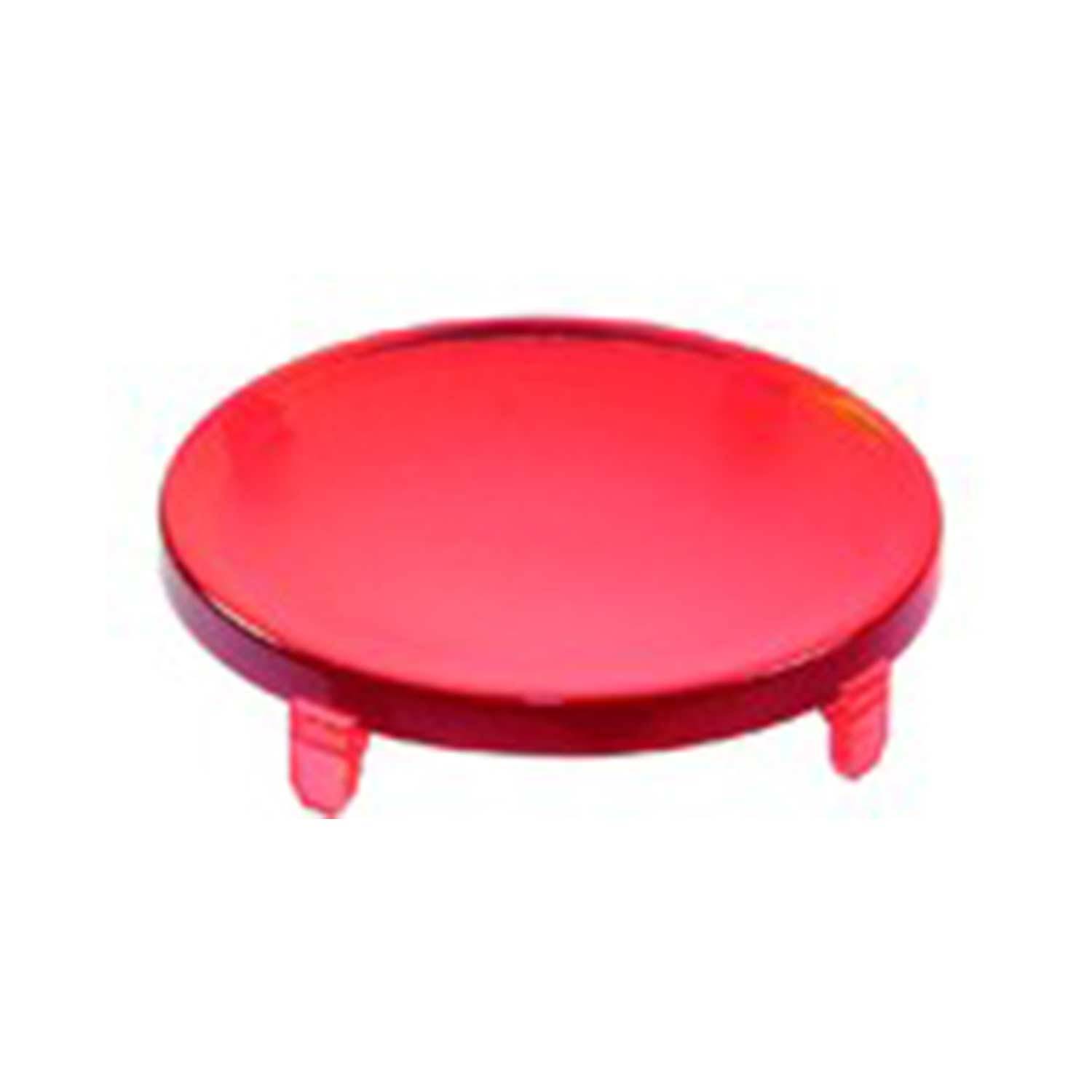 Eine rote, runde transparente Plastikabdeckung mit drei kleinen Laschen darunter, möglicherweise ein Objektivdeckel oder eine Komponente einer Schutzabdeckung.