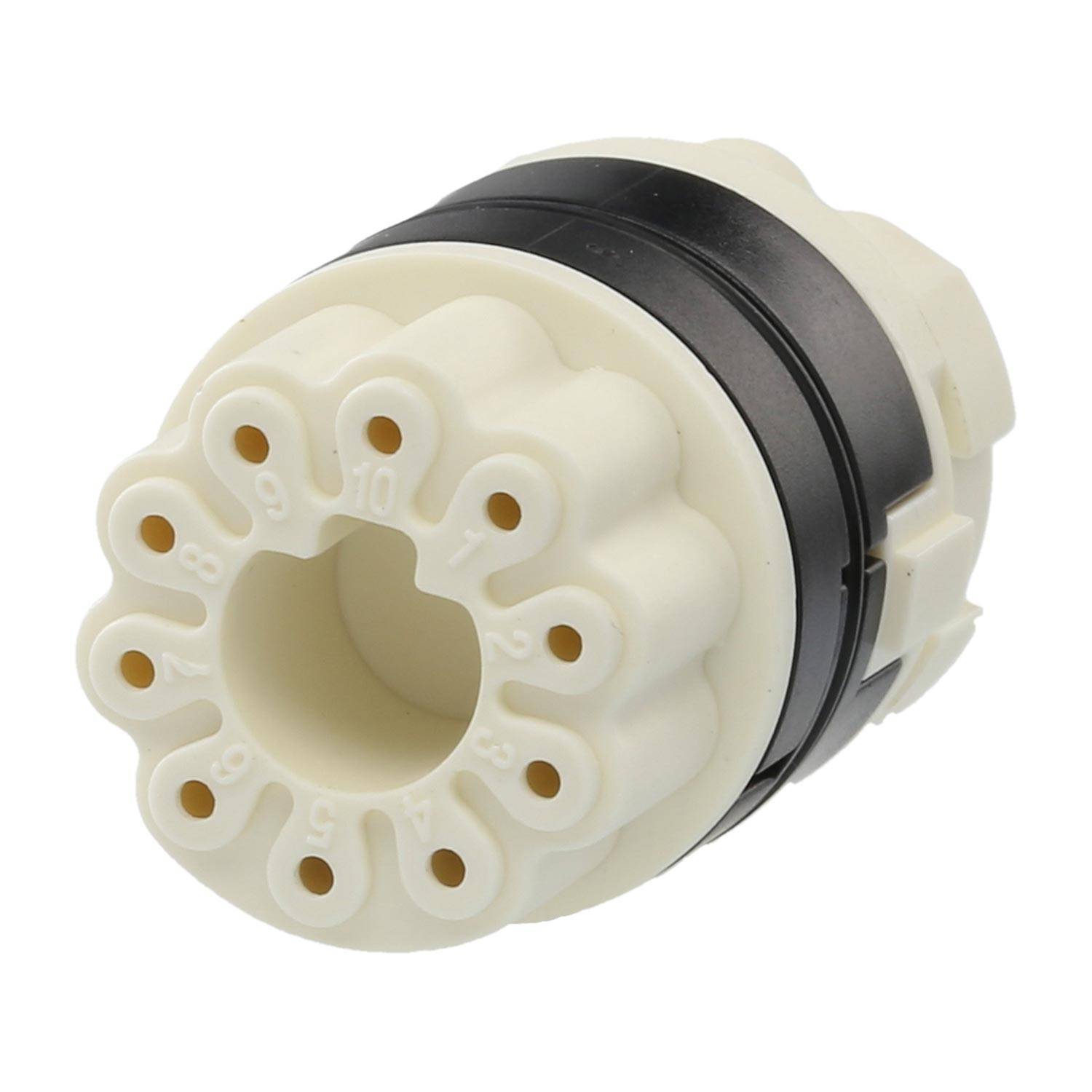 Ein elektrischer Steckverbinder mit mehreren Anschlüssen, schwarzer und beiger Gehäuseverkleidung, verwendet zum Anschluss spezifischer elektrischer Komponenten.