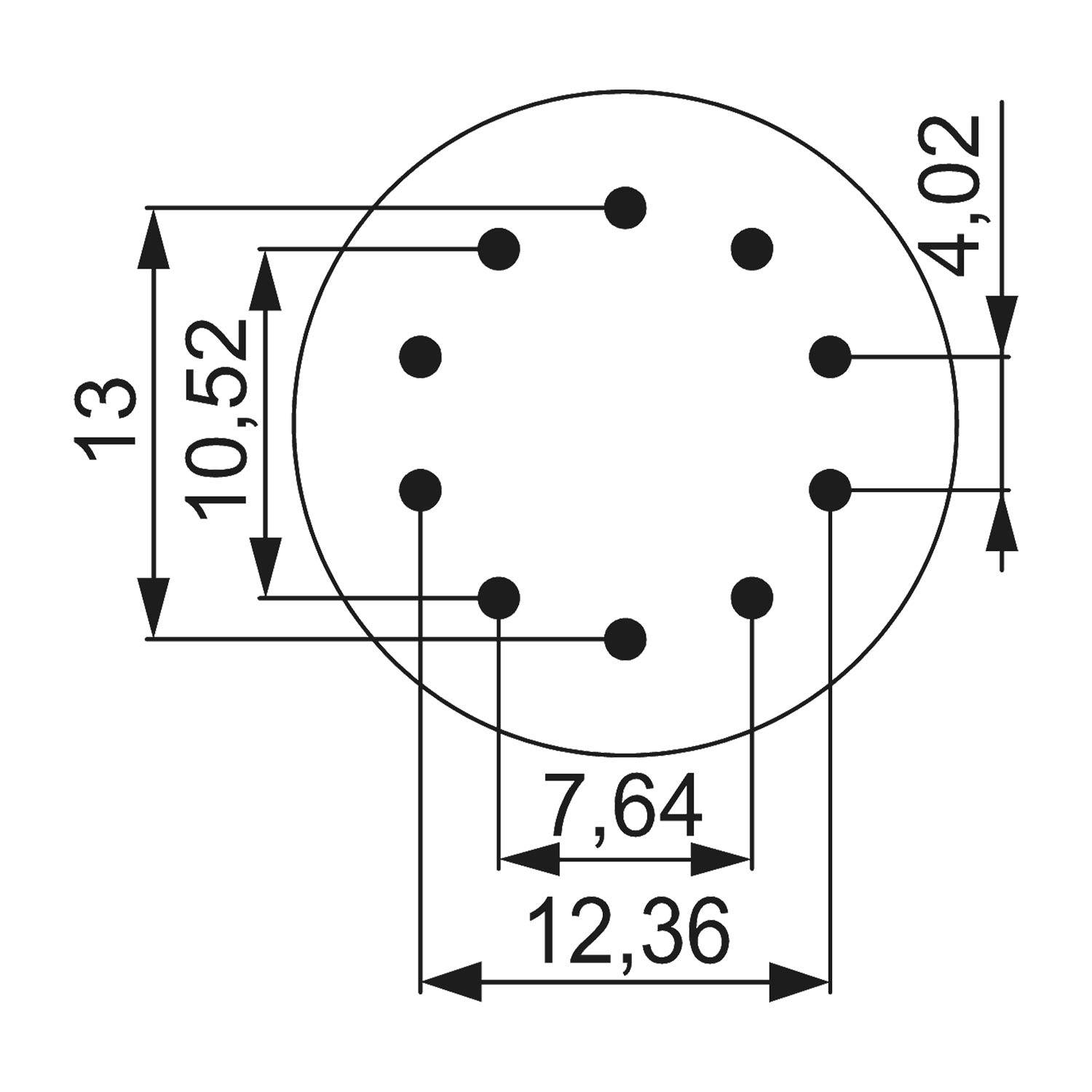 Diagramm eines kreisförmigen Objekts mit neun Löchern. Markierte Abmessungen umfassen 13, 12,36, 10,52, 7,64 und 4,02 Einheiten und zeigen Messungen zwischen den Löchern.