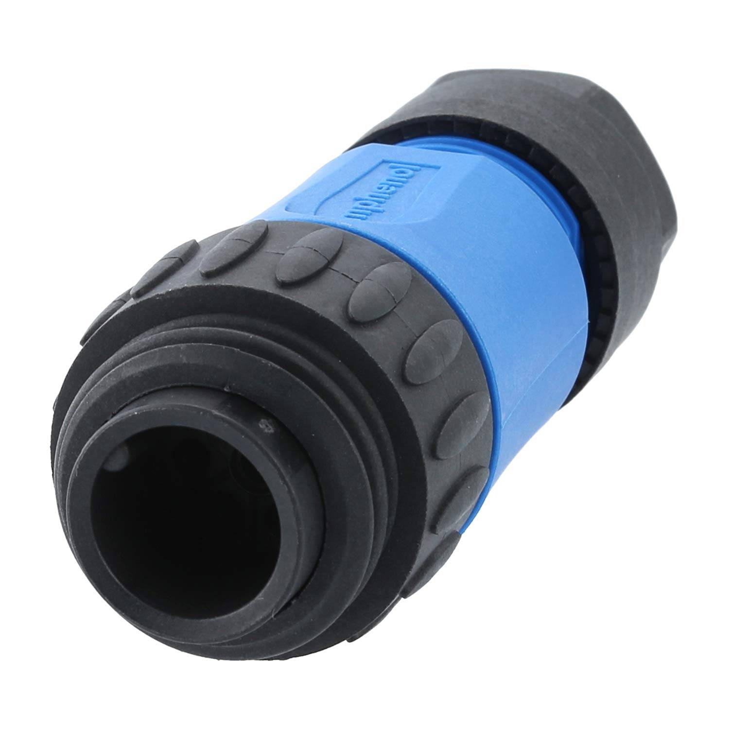 Eine Nahaufnahme eines blauen und schwarzen Schlauchverbinders mit einem Gummigriff, der für eine sichere und einfache Wasseranschlussverwendung entwickelt wurde.