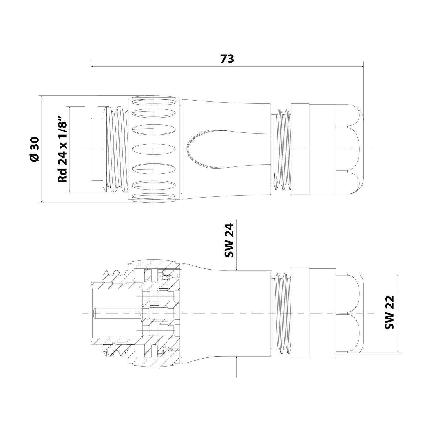 Technische Zeichnung eines Verbinders mit Seiten- und Draufsicht mit Abmessungen: Durchmesser 30 mm, Länge 73 mm, Gewinde Rd 24 x 1/8