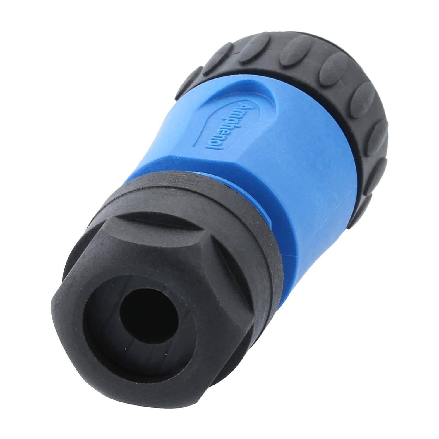 Ein blau-schwarzer Schlauchverbinder mit strukturierter Griffoberfläche, der für eine einfache Anbringung an einen Gartenschlauch entwickelt wurde.